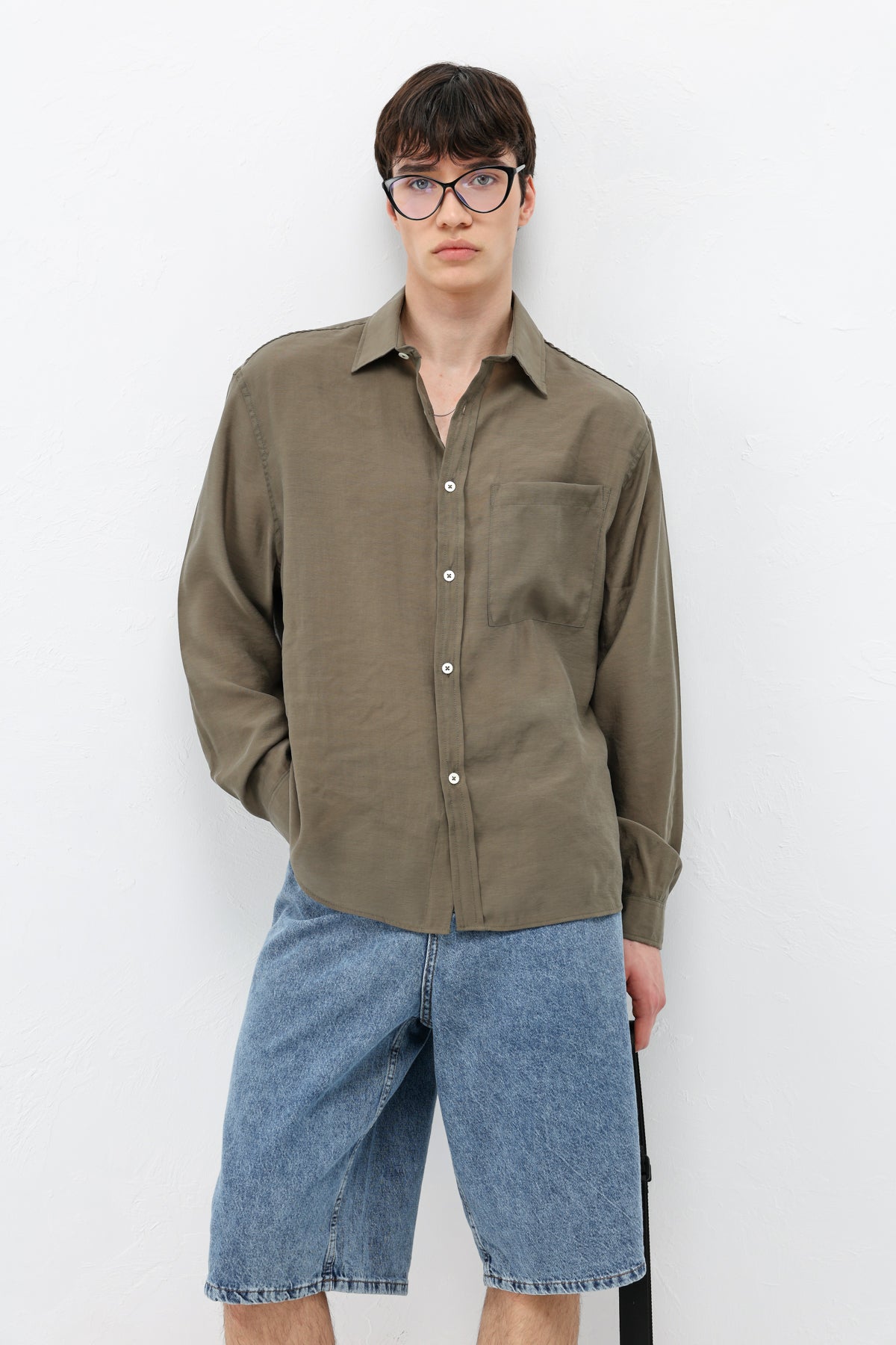 Modal Kumaş Cepli Oversize Gömlek Haki