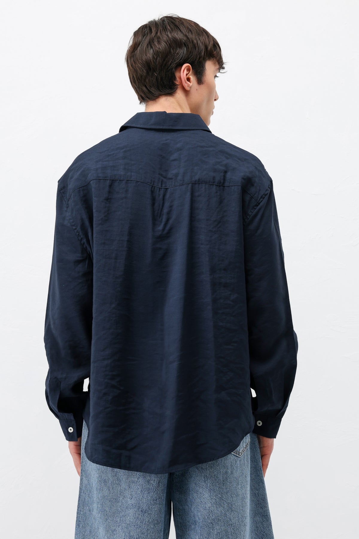 Modal Kumaş Cepli Oversize Gömlek Lacivert
