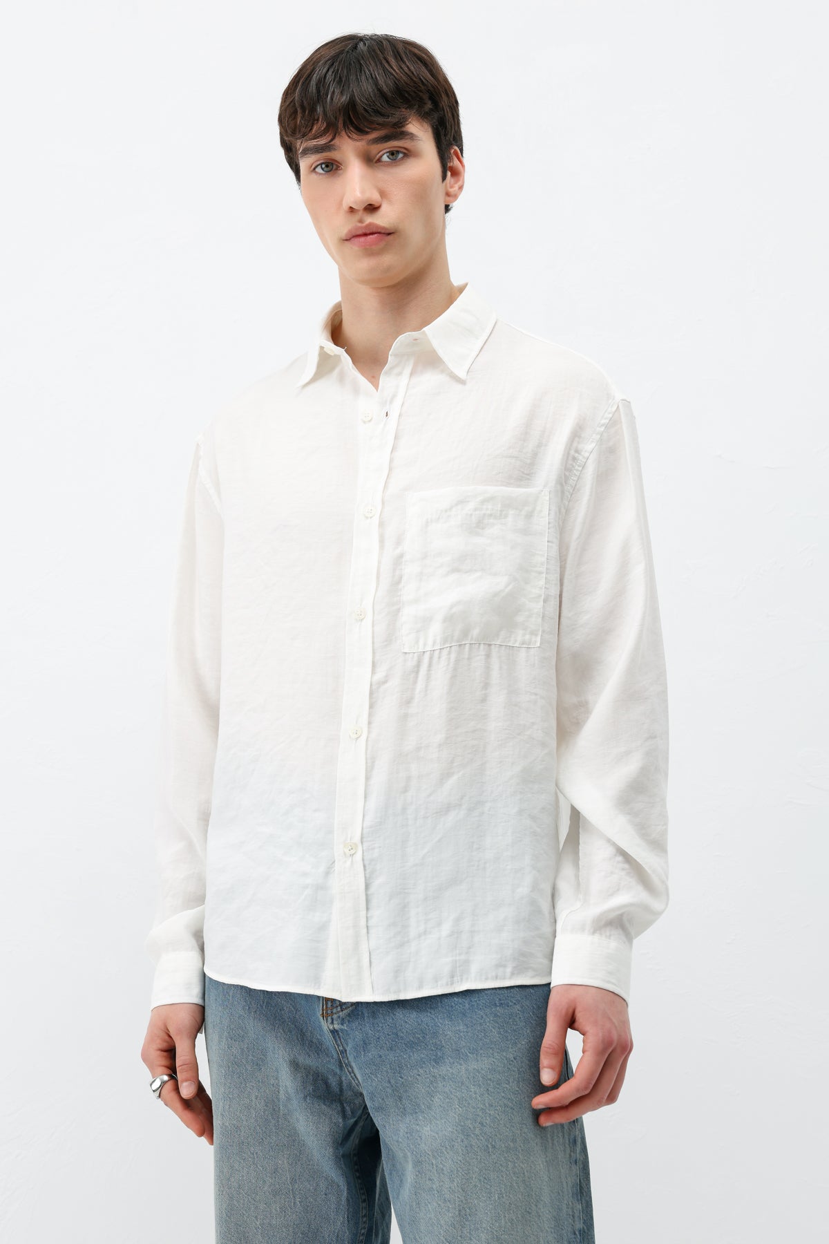 Modal Kumaş Cepli Oversize Gömlek Ekru