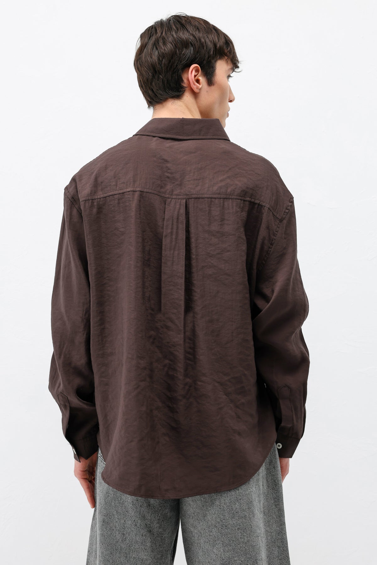 Modal Kumaş Cepli Oversize Gömlek Koyu Kahve