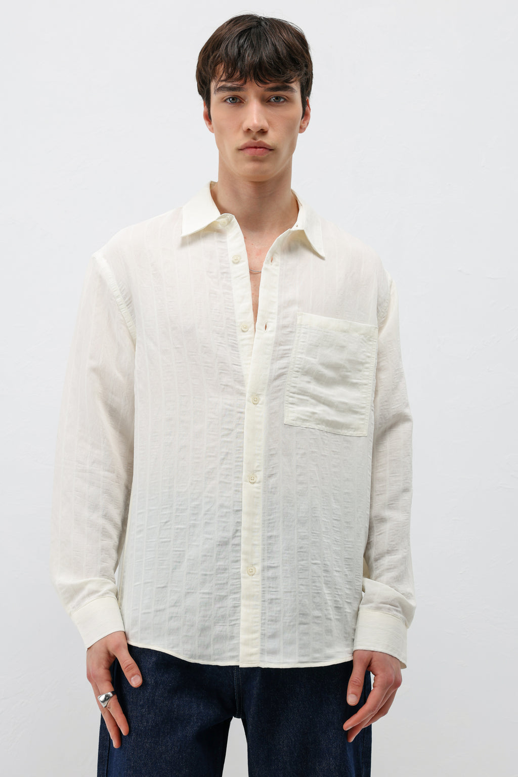 Modal Kumaş Çizgili Oversize Gömlek Beyaz