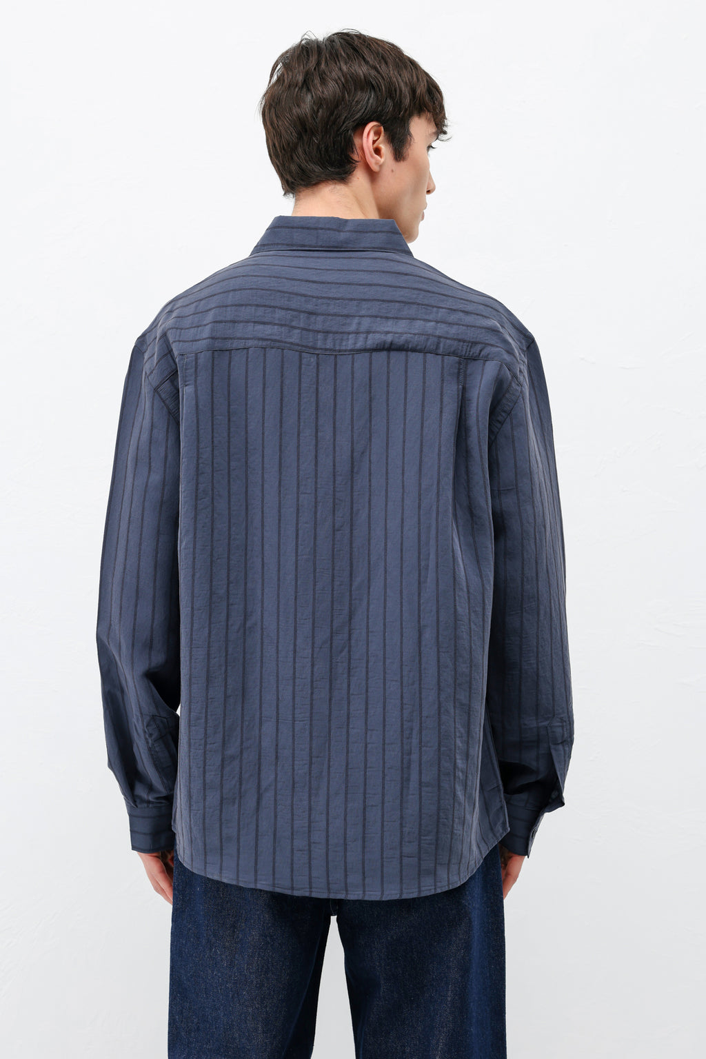 Modal Kumaş Çizgili Oversize Gömlek Lacivert