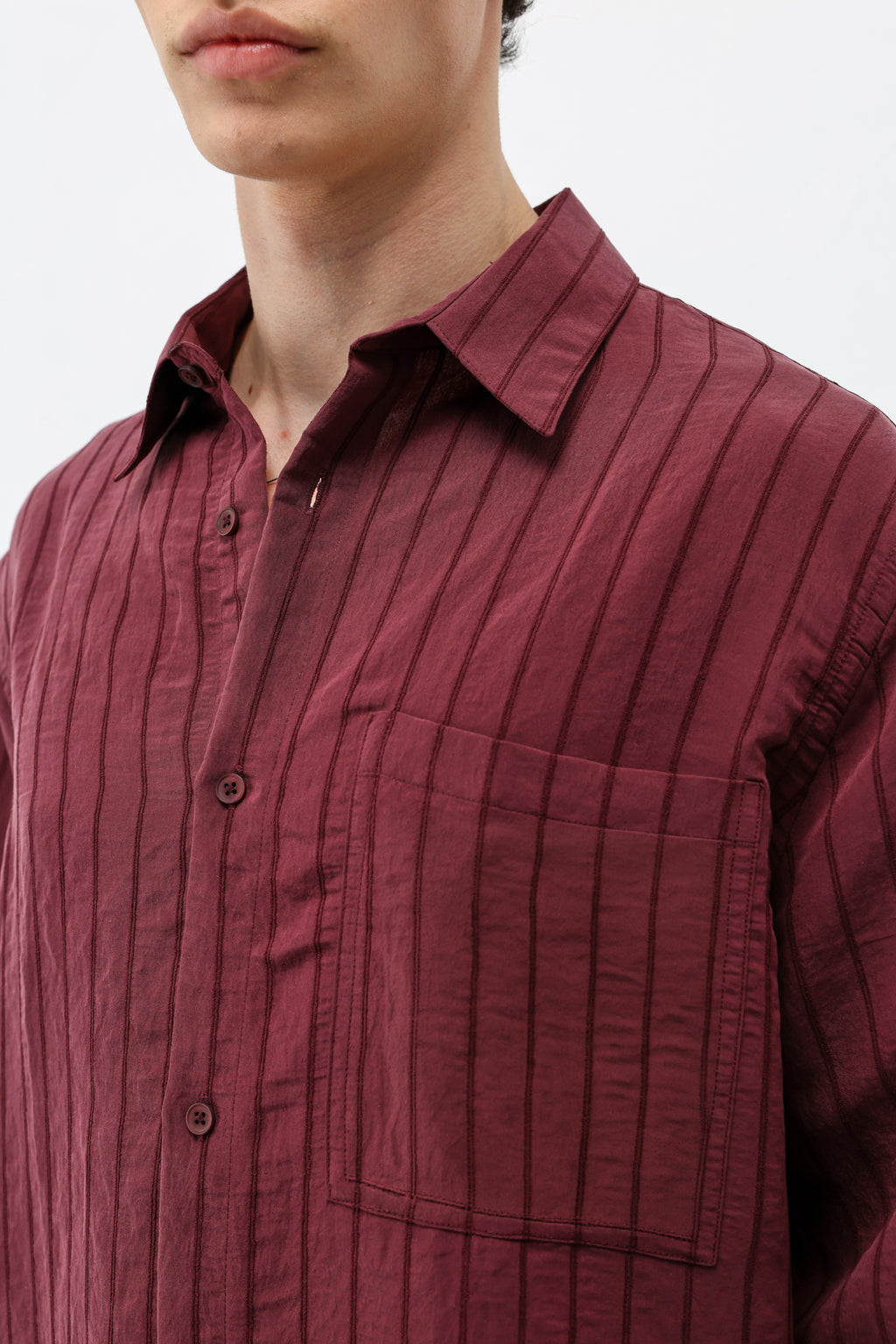Modal Kumaş Çizgili Oversize Gömlek Bordo