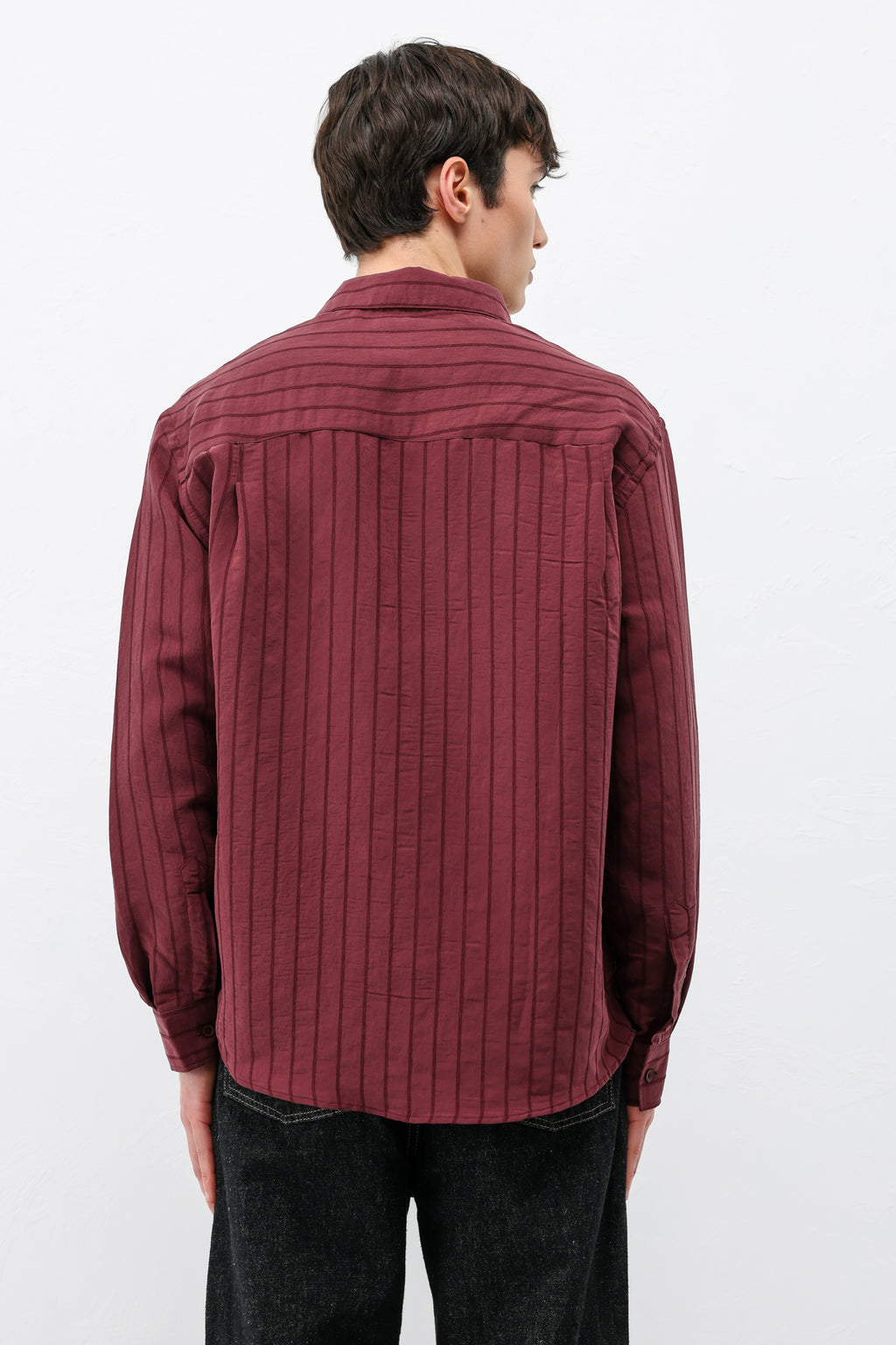 Modal Kumaş Çizgili Oversize Gömlek Bordo
