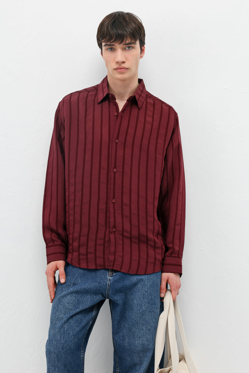 Çizgili Oversize Gömlek Bordo