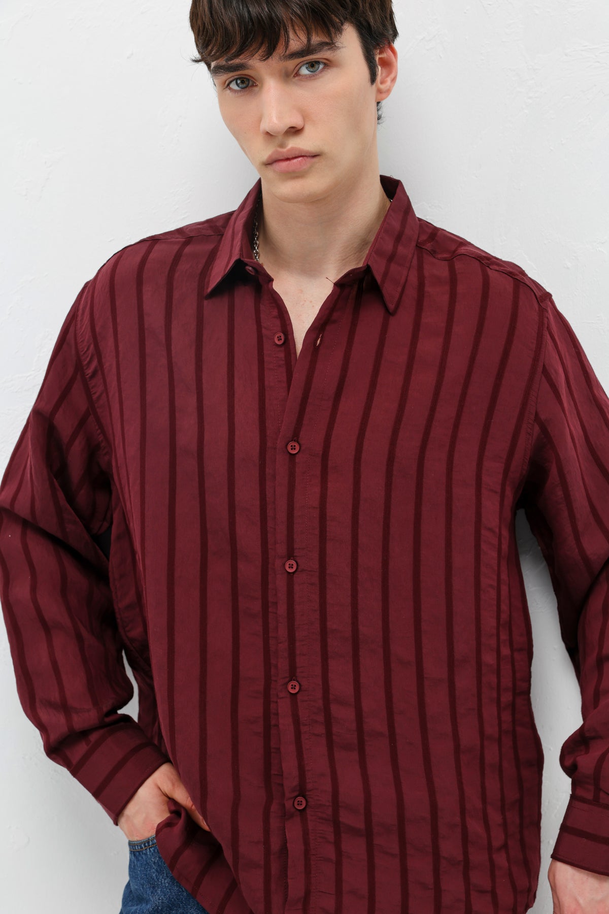 Çizgili Oversize Gömlek Bordo