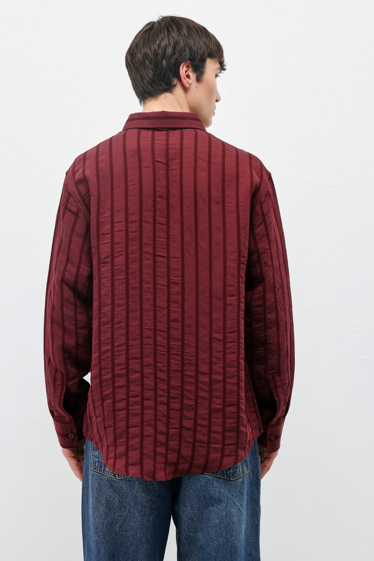 Çizgili Oversize Gömlek Bordo