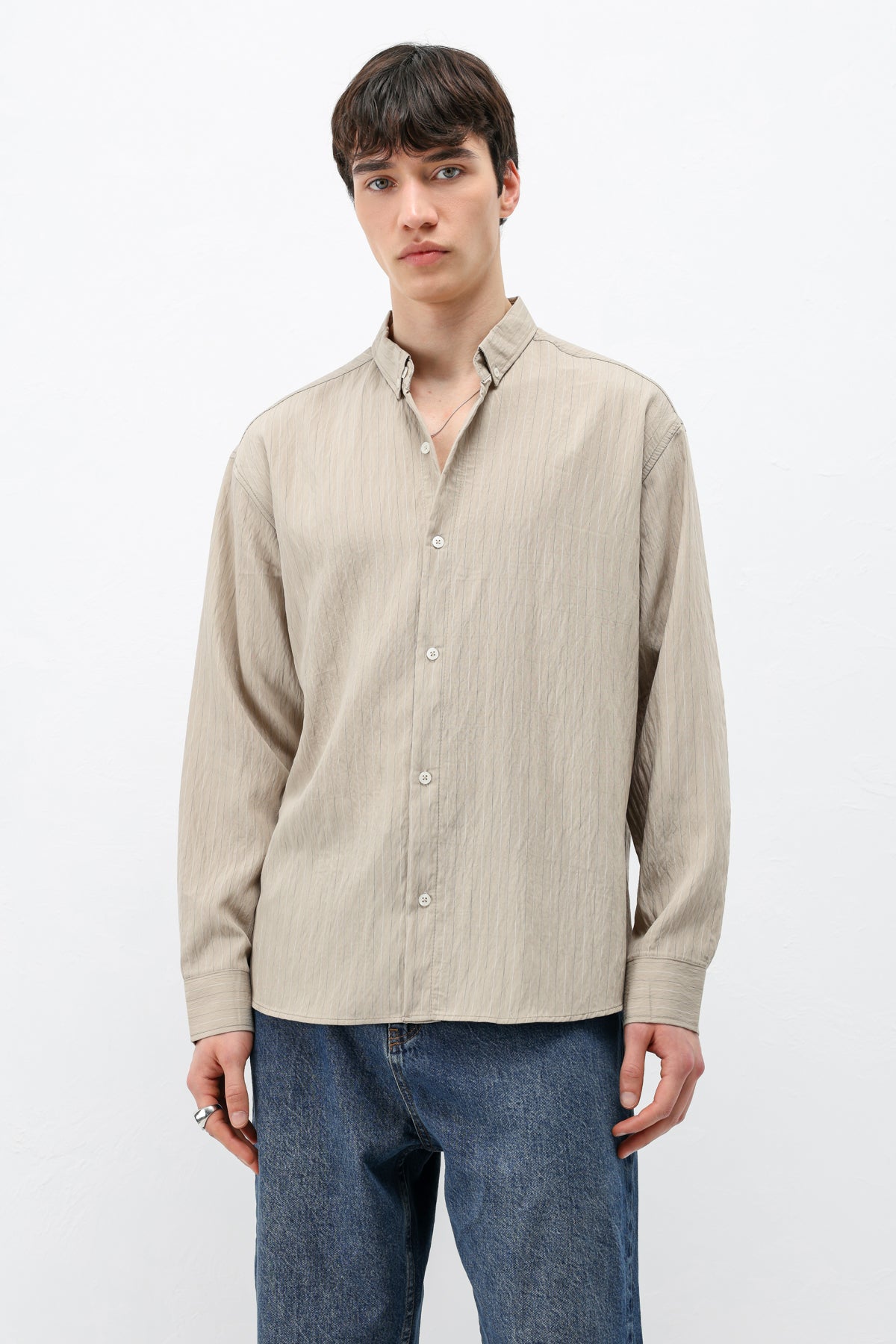 Çizgili Müslin Kumaş Oversize Gömlek Bej