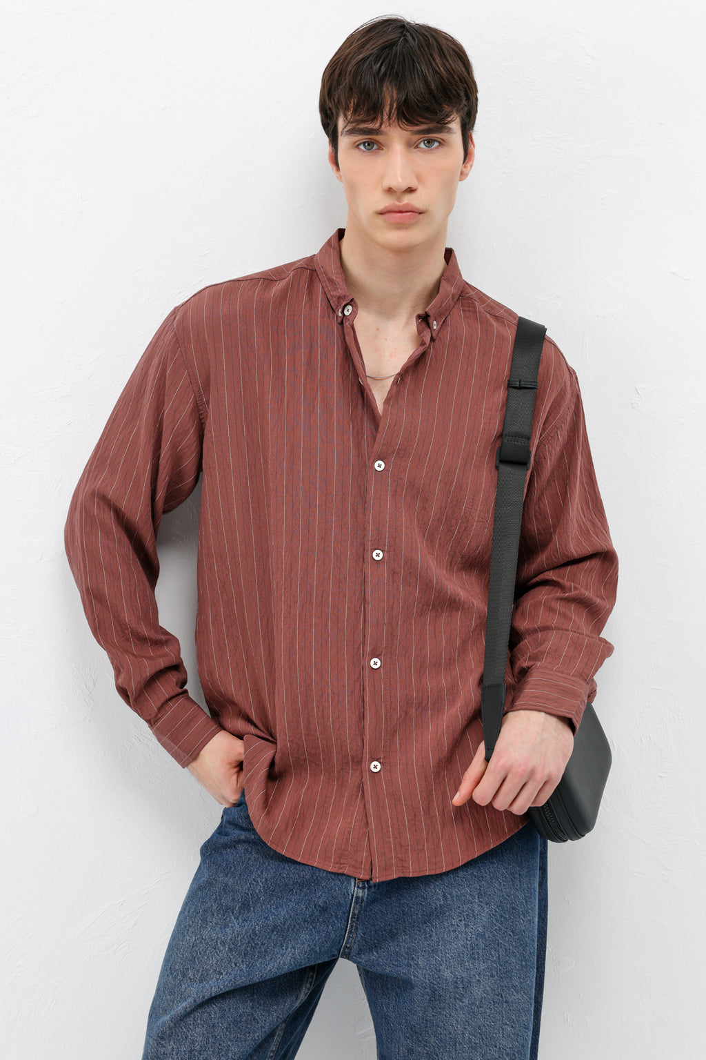 Çizgili Müslin Kumaş Oversize Gömlek Bordo