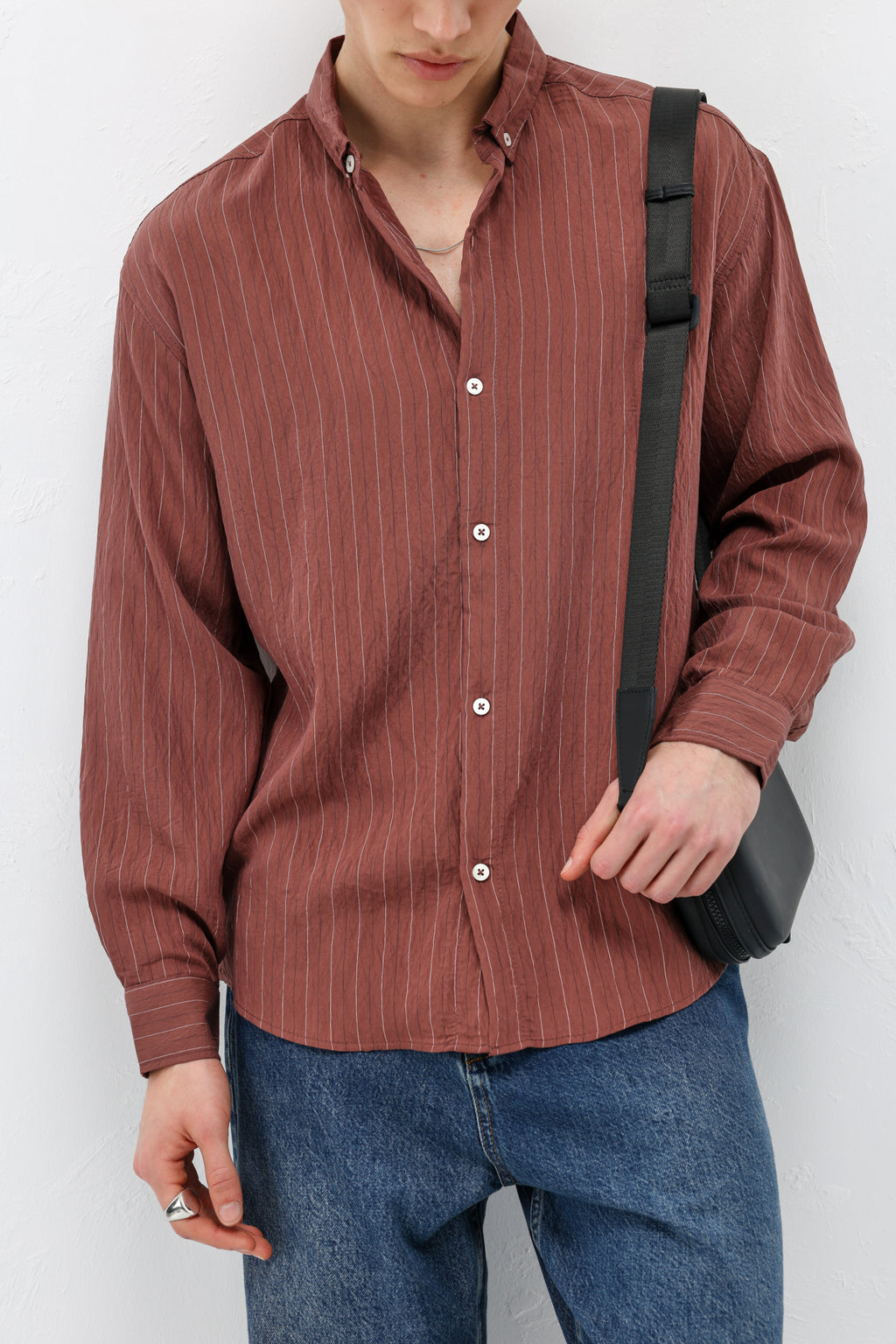 Çizgili Müslin Kumaş Oversize Gömlek Bordo