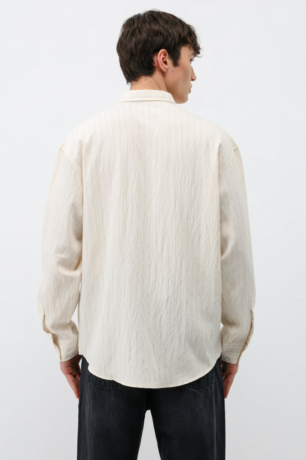 Çizgili Müslin Kumaş Oversize Gömlek Krem