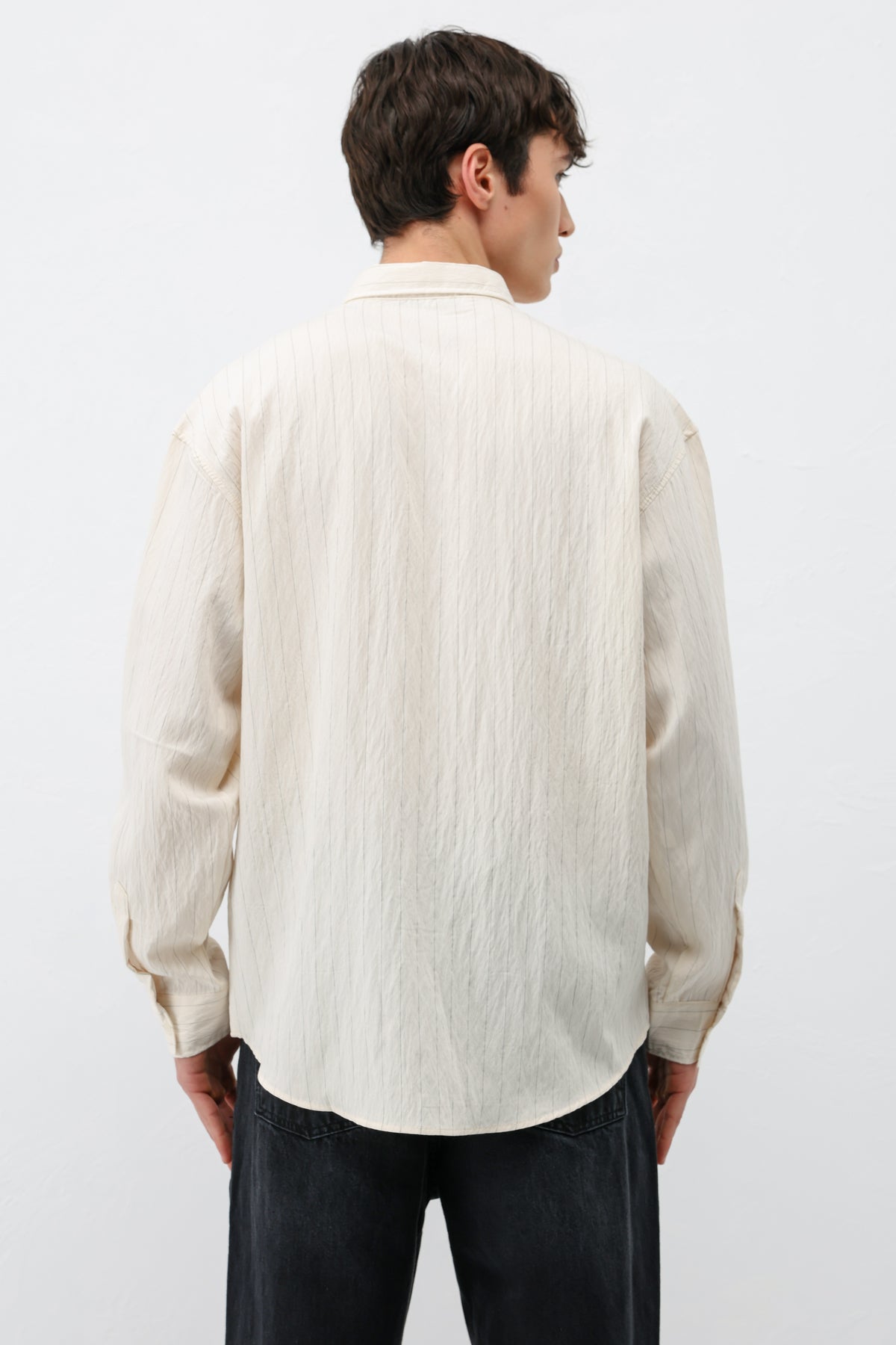Çizgili Müslin Kumaş Oversize Gömlek Krem