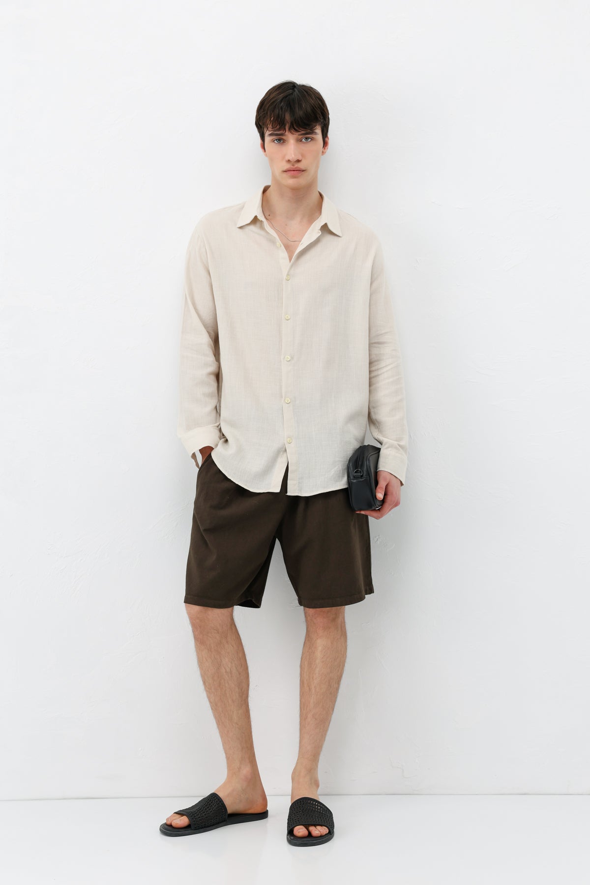 Basic Keten Oversize Gömlek Bej
