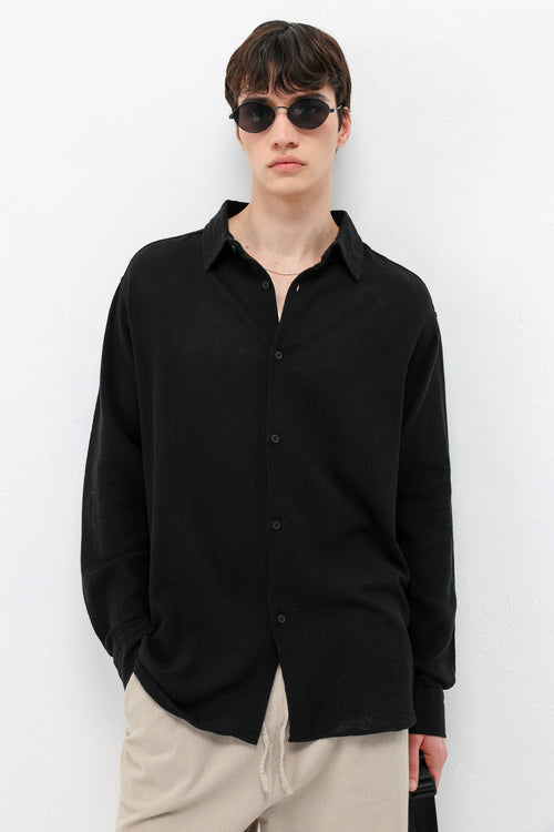 Basic Keten Oversize Gömlek Siyah