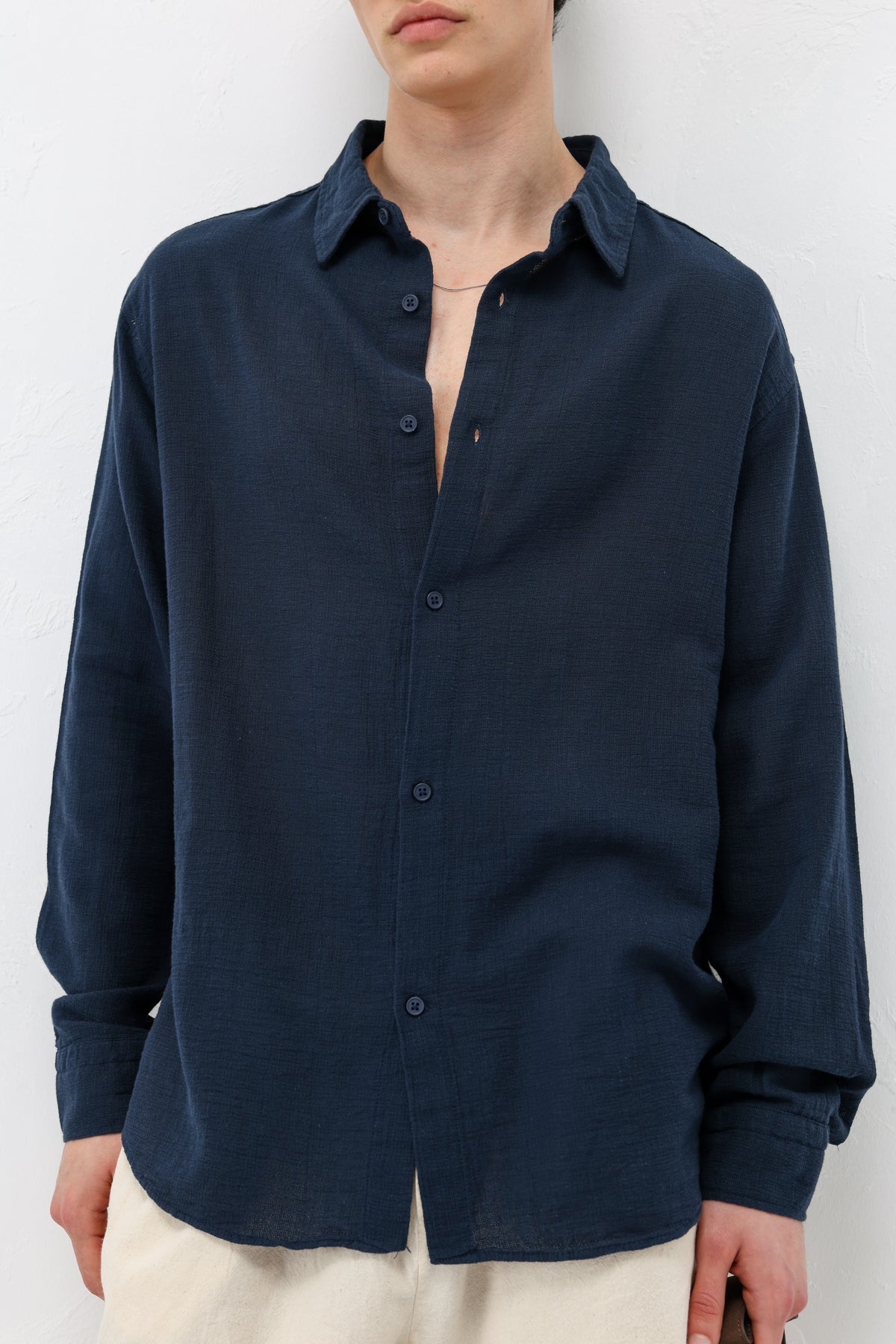 Basic Keten Oversize Gömlek Lacivert