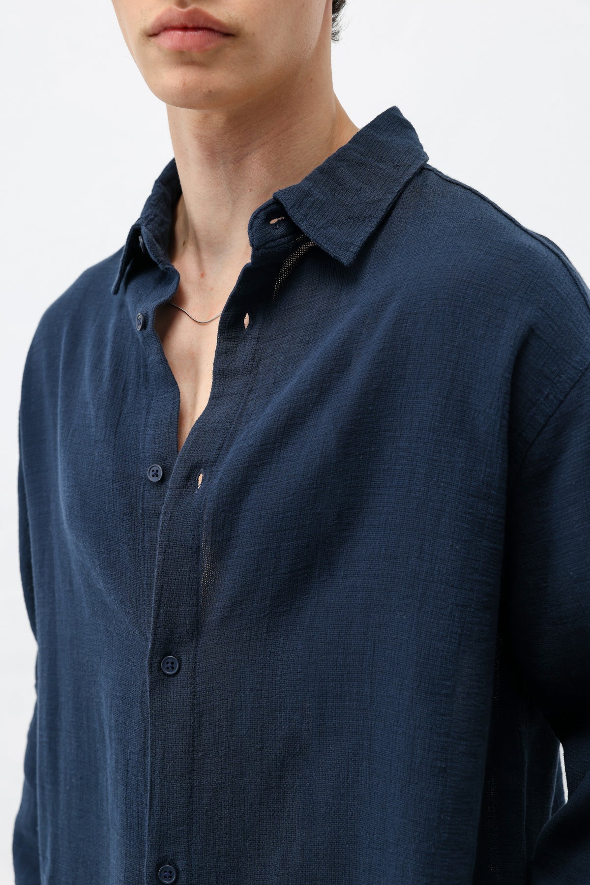 Basic Keten Oversize Gömlek Lacivert