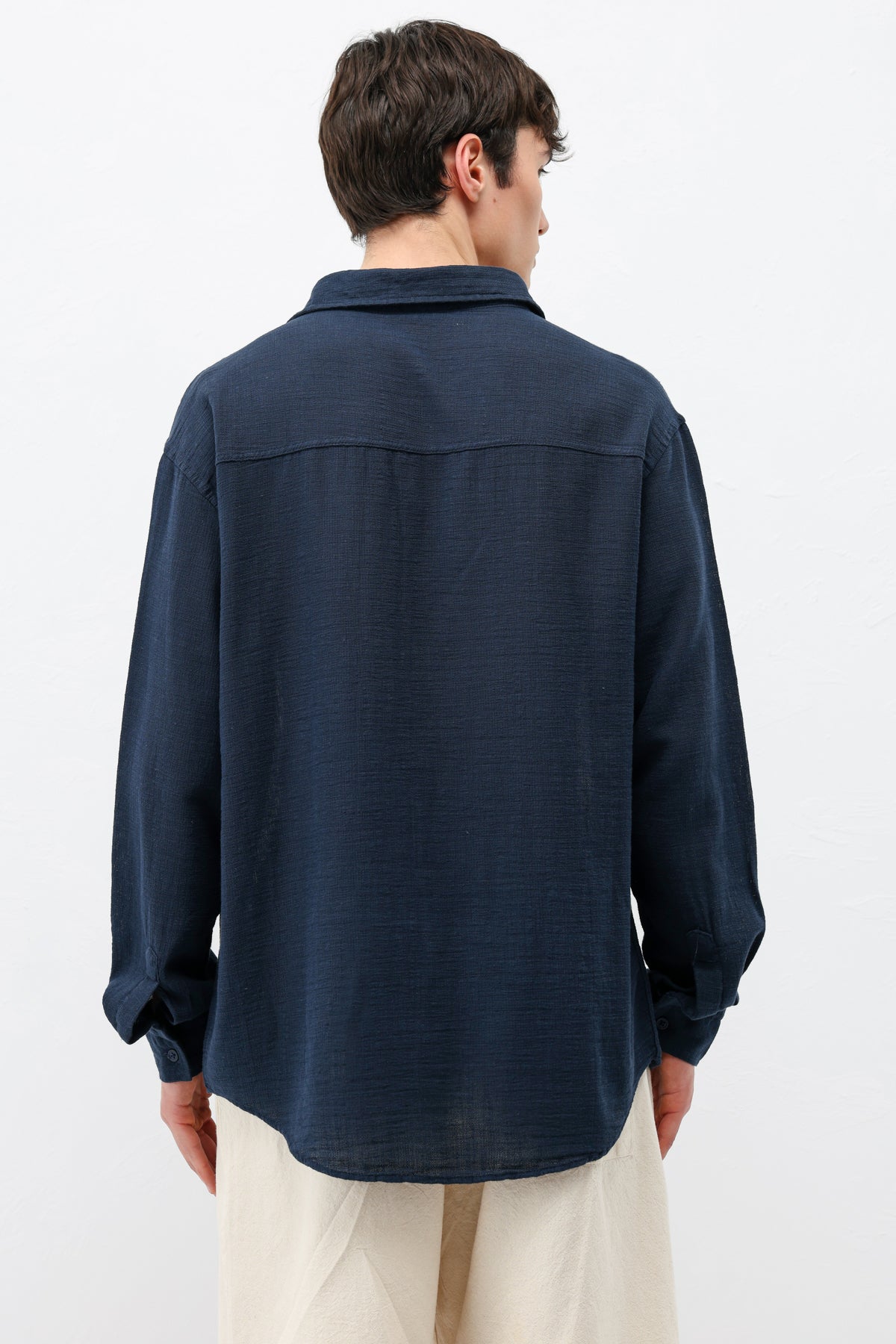 Basic Keten Oversize Gömlek Lacivert