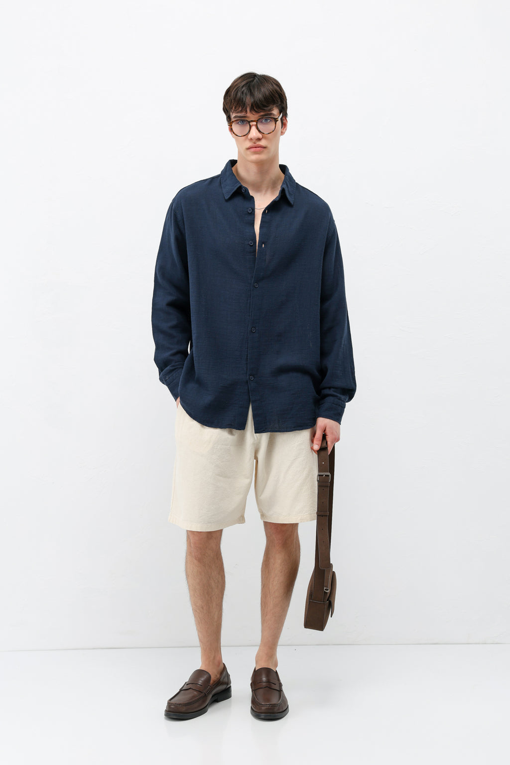 Basic Keten Oversize Gömlek Lacivert