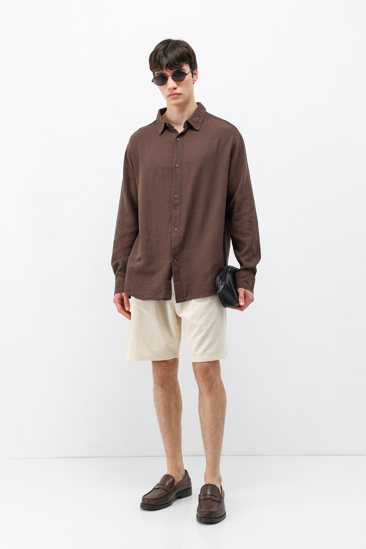 Basic Keten Oversize Gömlek Kahve