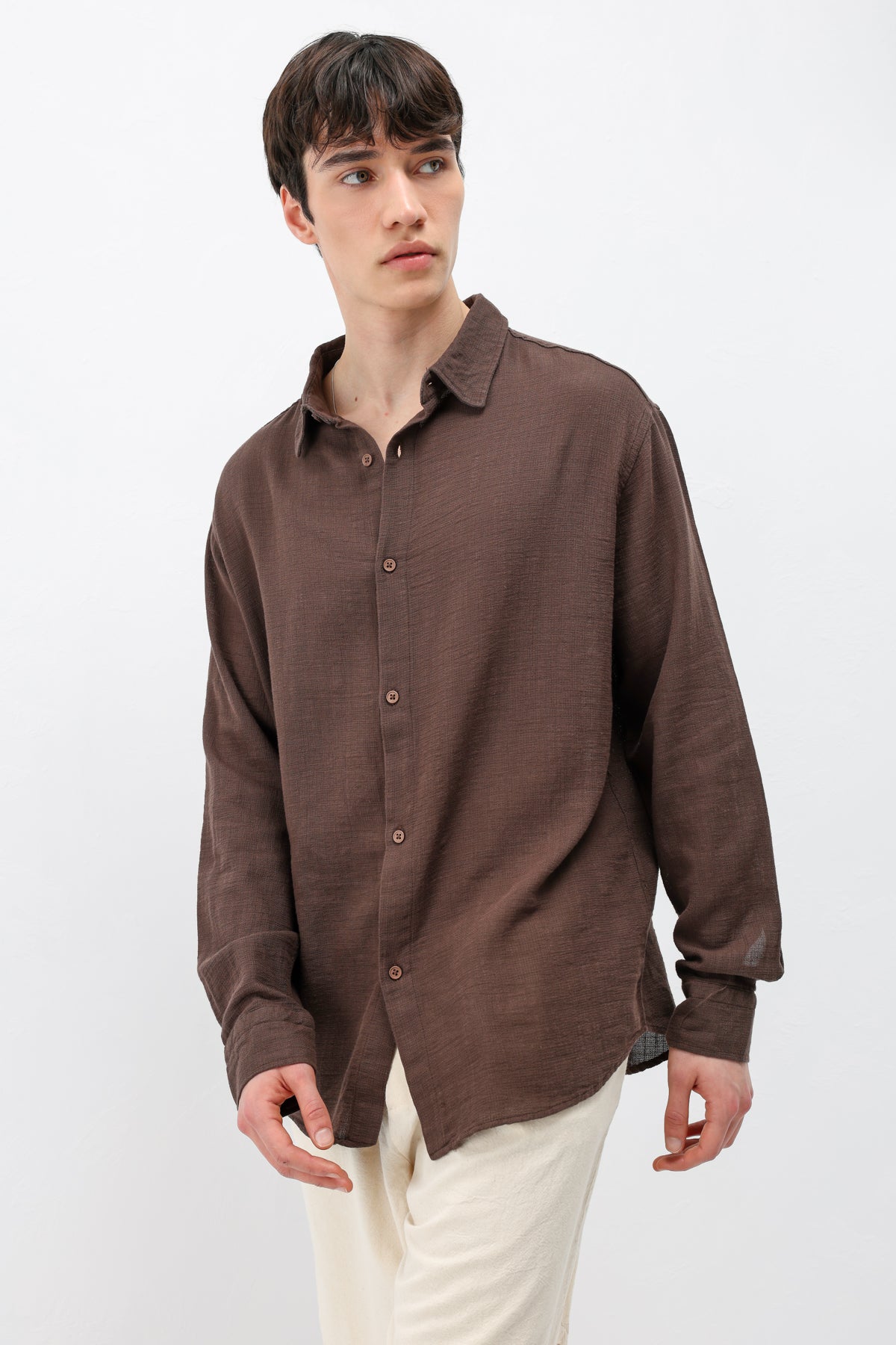 Basic Keten Oversize Gömlek Kahve