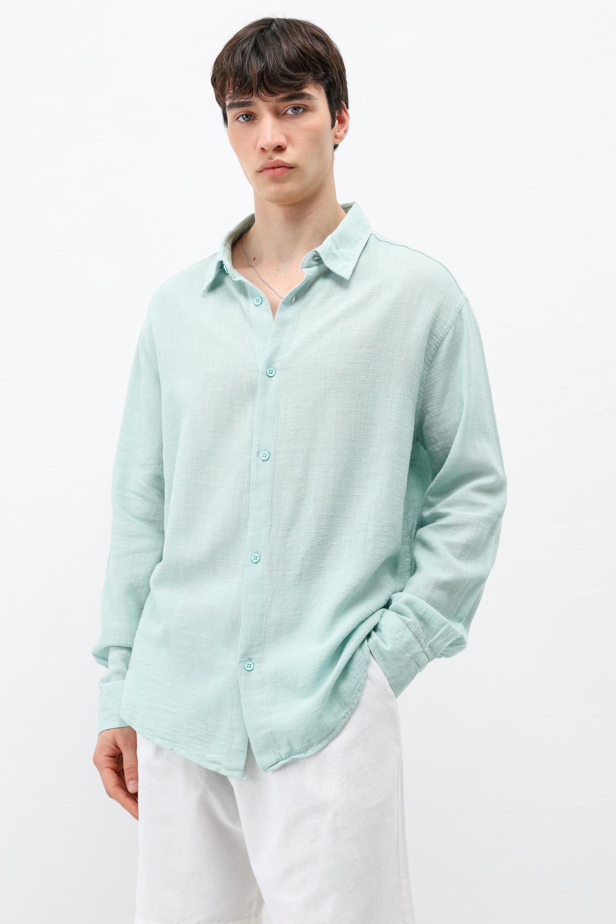 Basic Keten Oversize Gömlek Su Yeşili