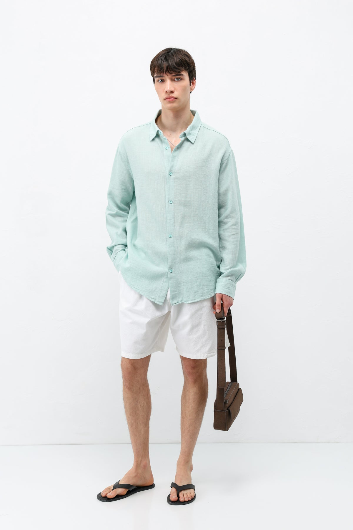 Basic Keten Oversize Gömlek Su Yeşili