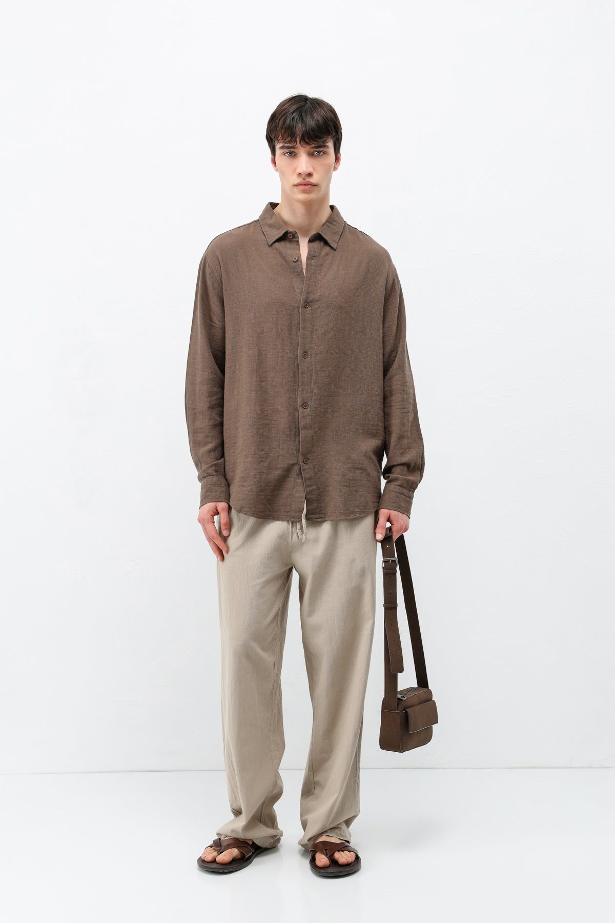Basic Keten Oversize Gömlek Açık Kahve