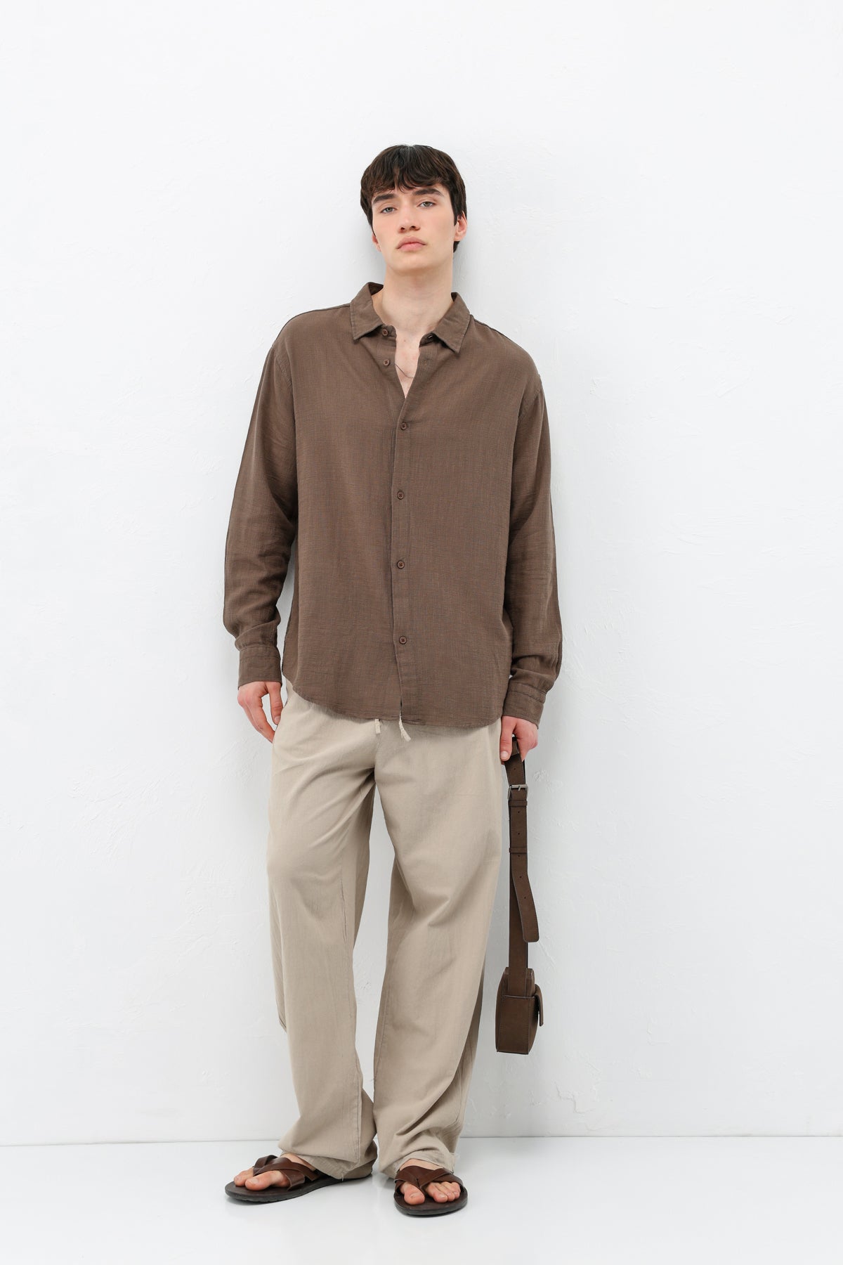 Basic Keten Oversize Gömlek Açık Kahve