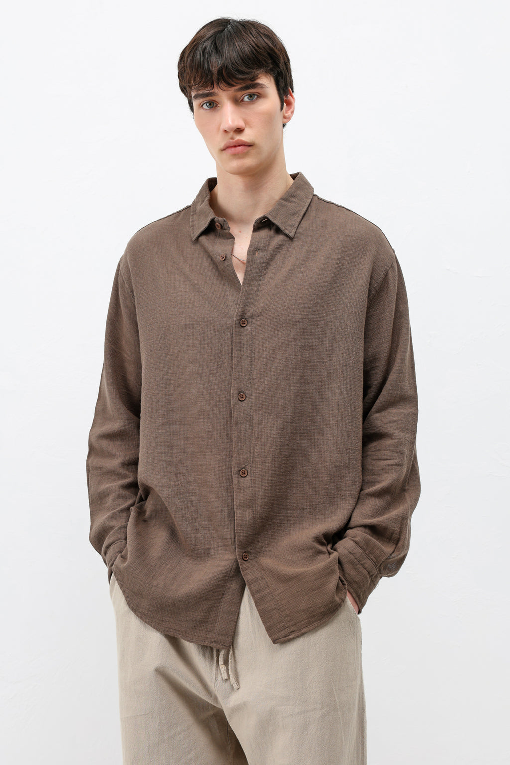Basic Keten Oversize Gömlek Açık Kahve