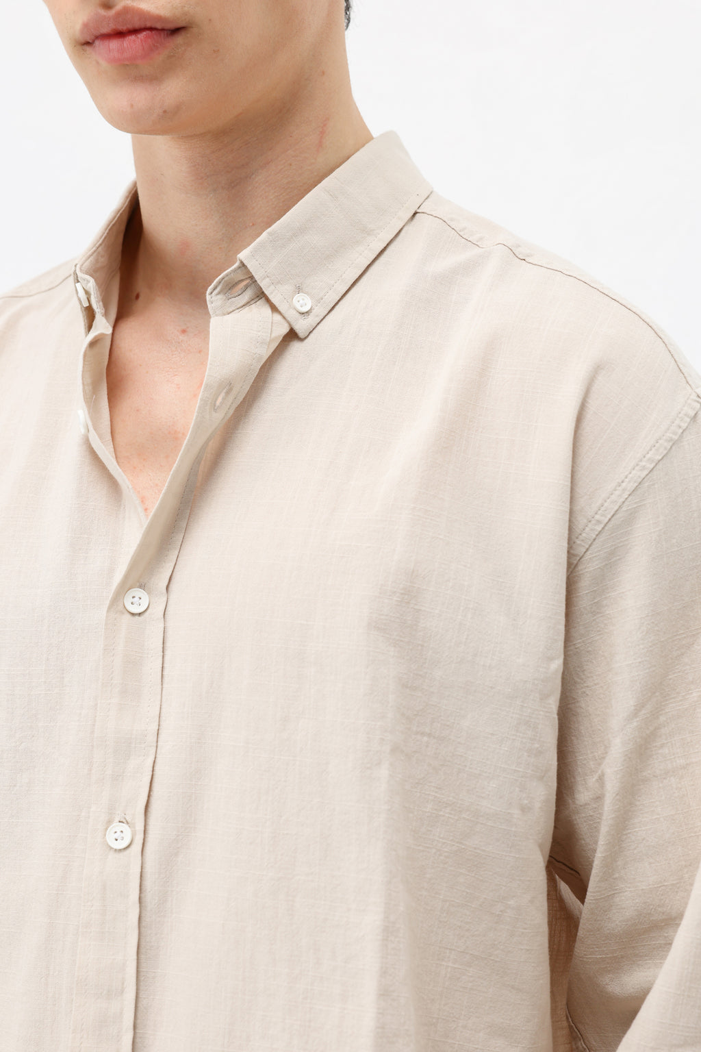 Basic Oversize Pamuk  Keten Gömlek Bej