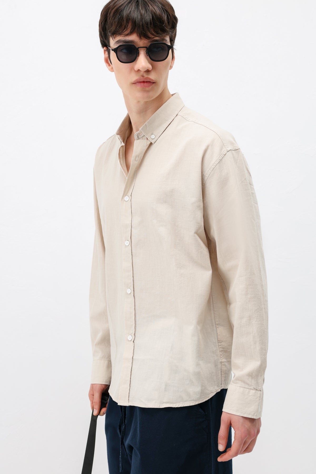 Basic Oversize Pamuk  Keten Gömlek Bej