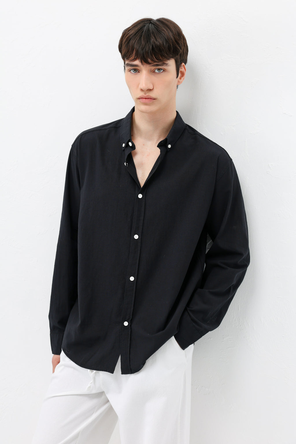 Basic Oversize Pamuk  Keten Gömlek Siyah