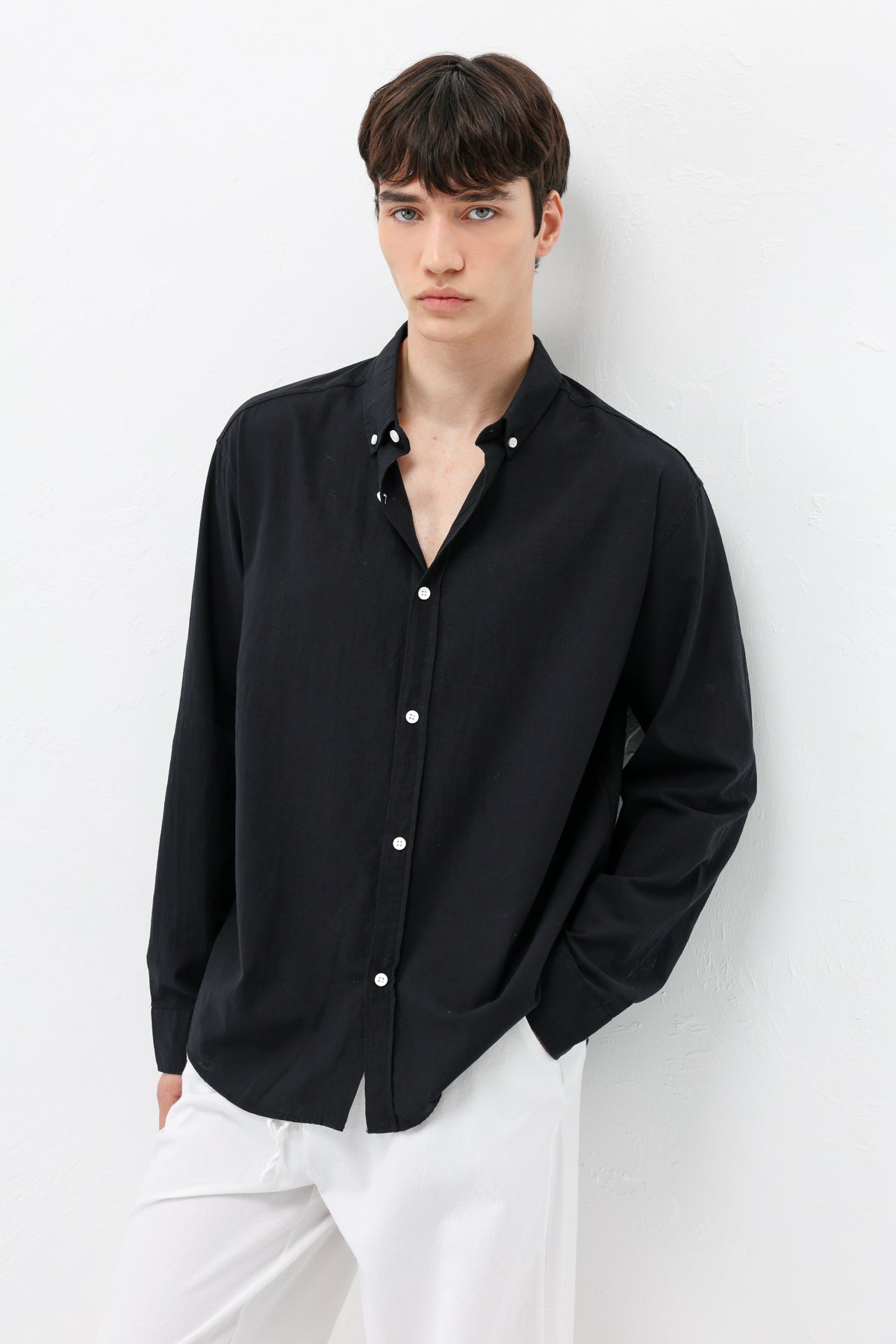 Basic Oversize Pamuk  Keten Gömlek Siyah