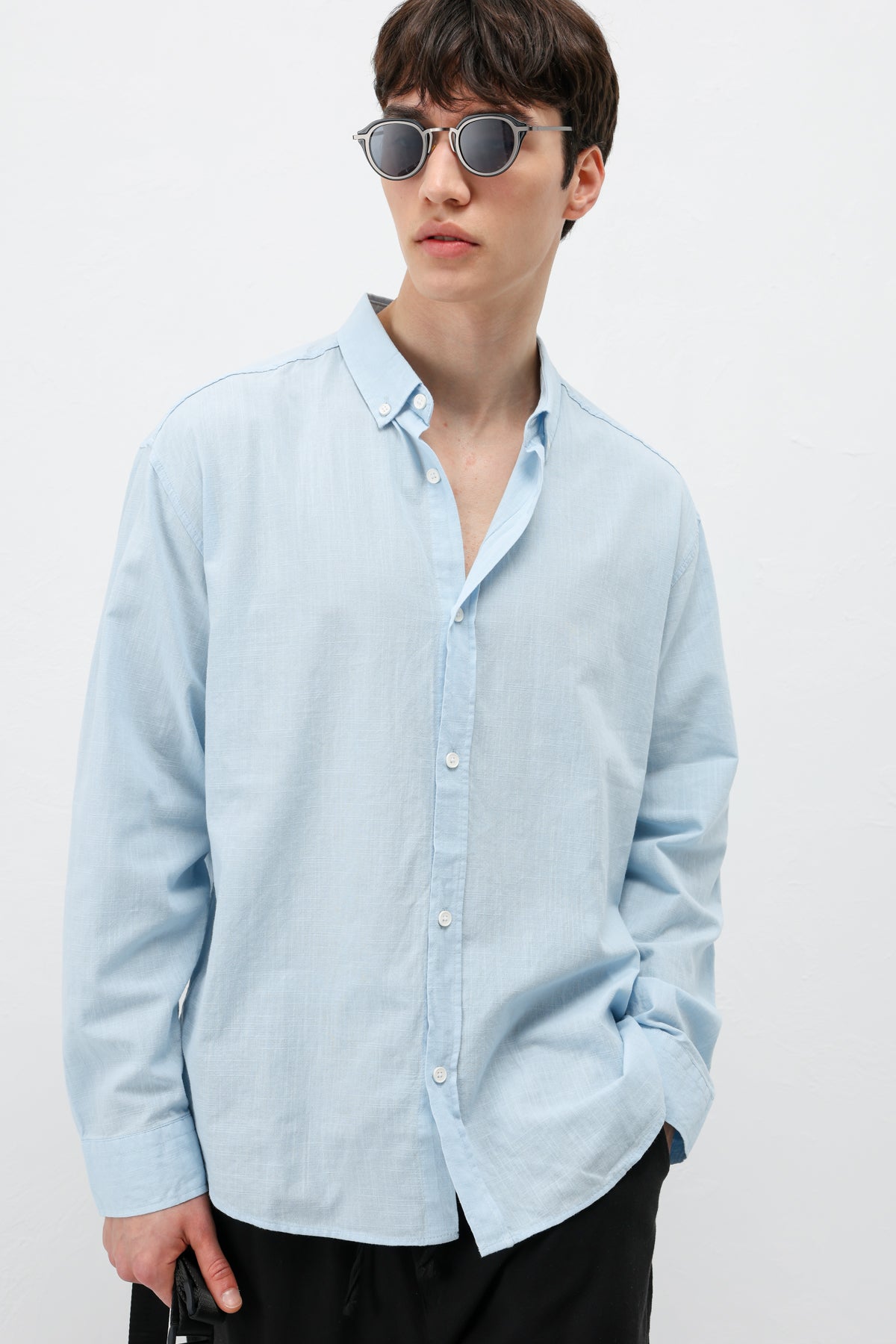 Basic Oversize Pamuk  Keten Gömlek Mavi