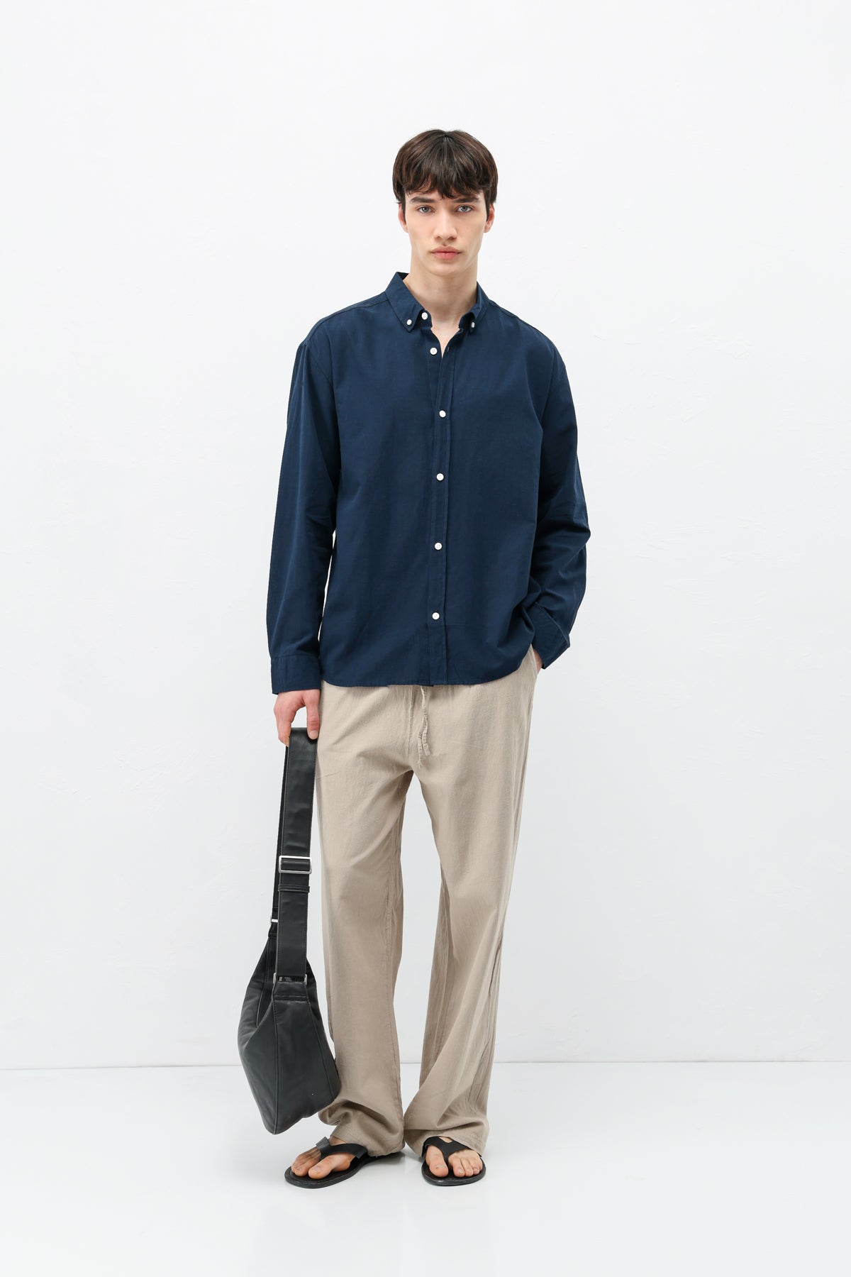 Basic Oversize Pamuk  Keten Gömlek Lacivert