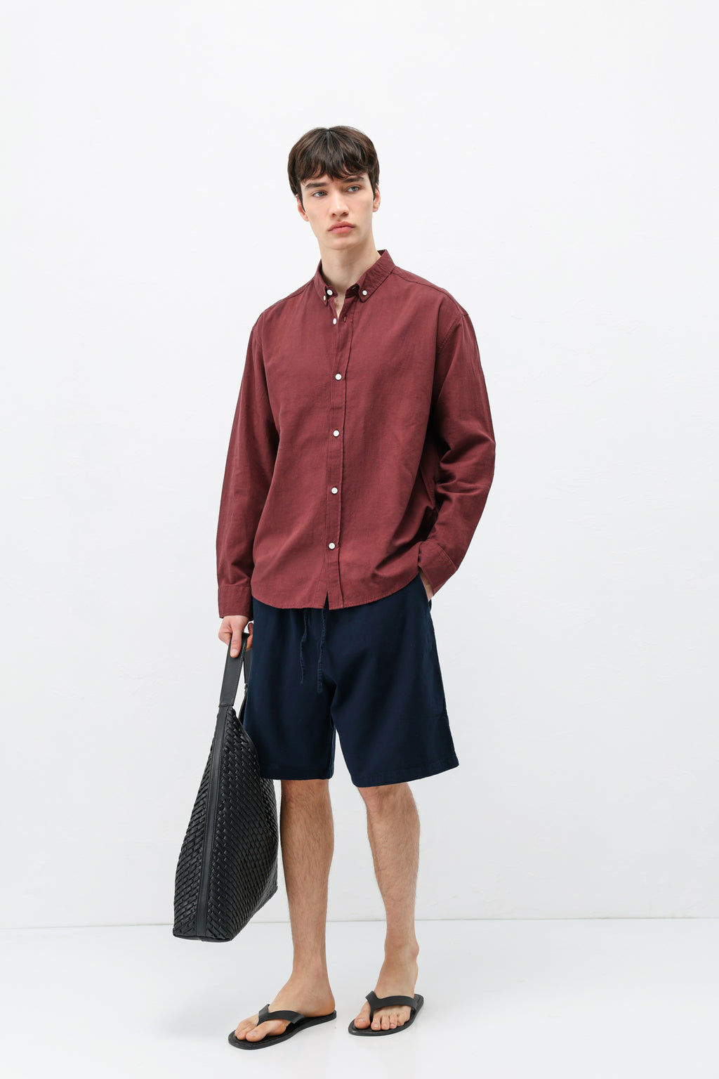 Basic Oversize Pamuk  Keten Gömlek Bordo