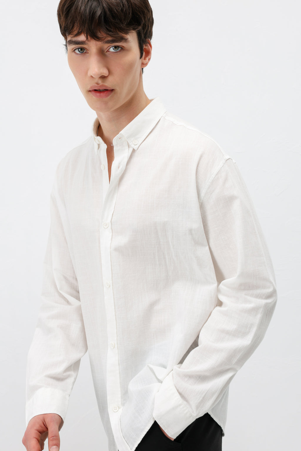 Basic Oversize Pamuk  Keten Gömlek Ekru