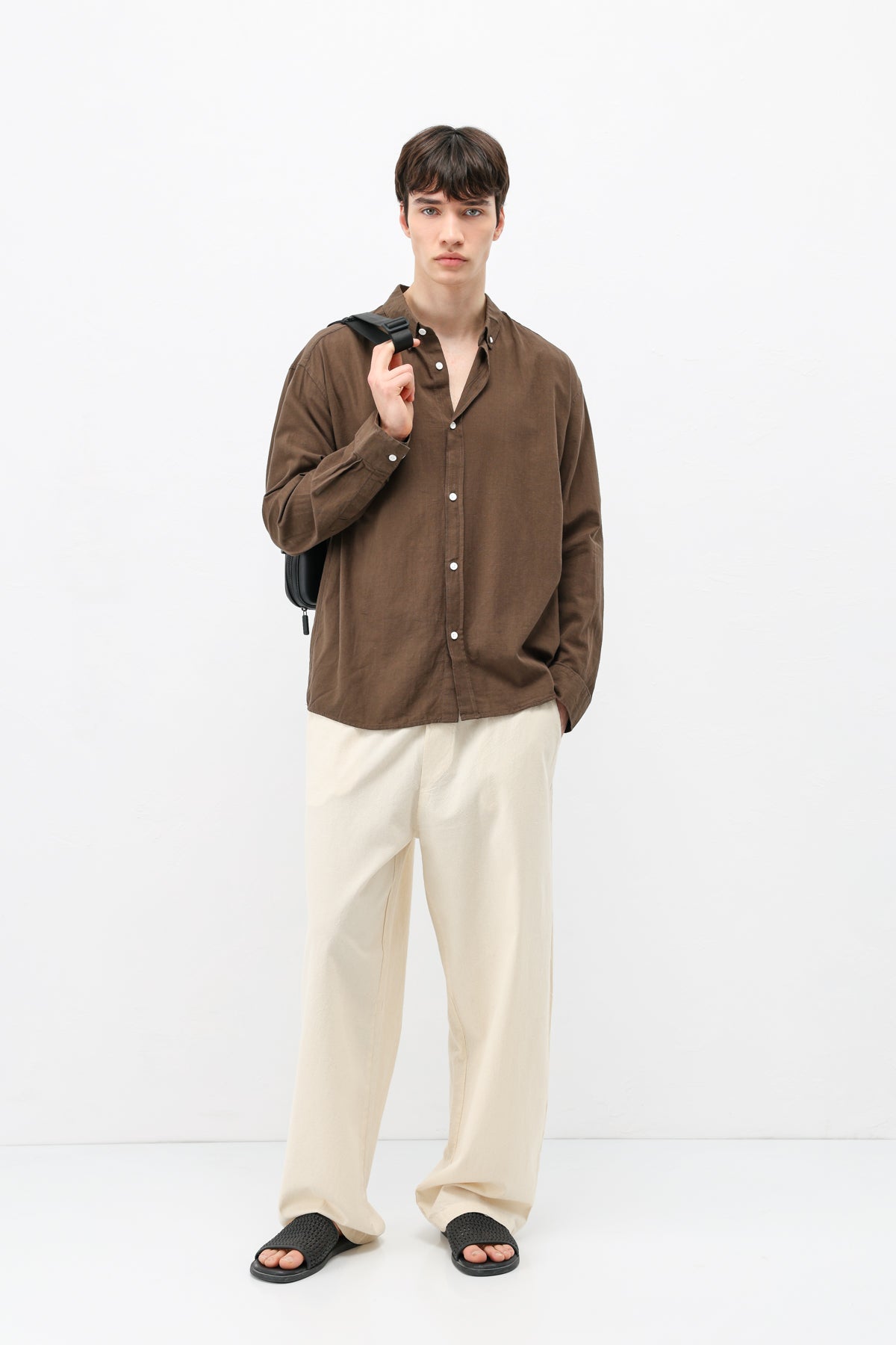 Basic Oversize Pamuk  Keten Gömlek Kahve