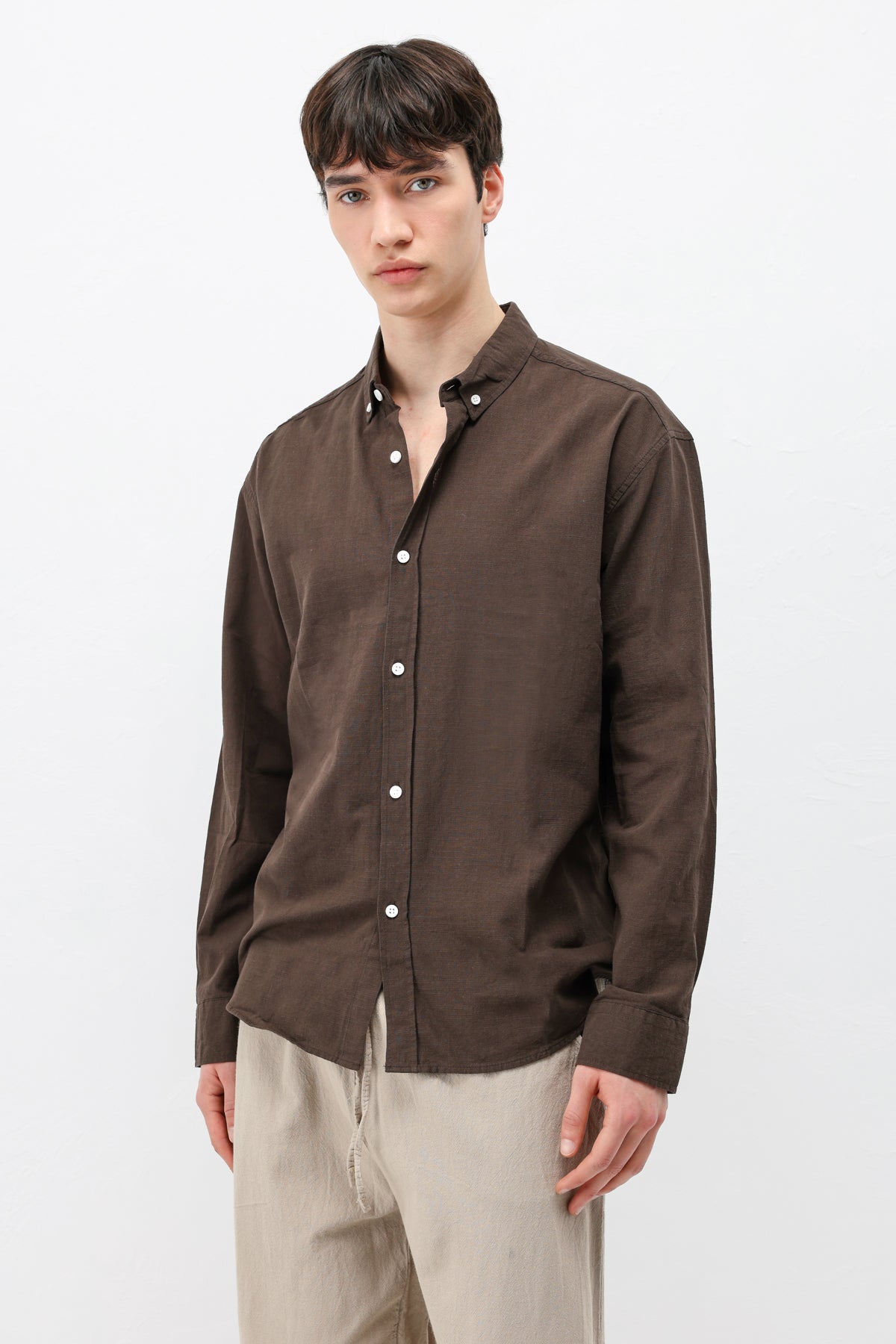 Basic Oversize Pamuk  Keten Gömlek Kahve