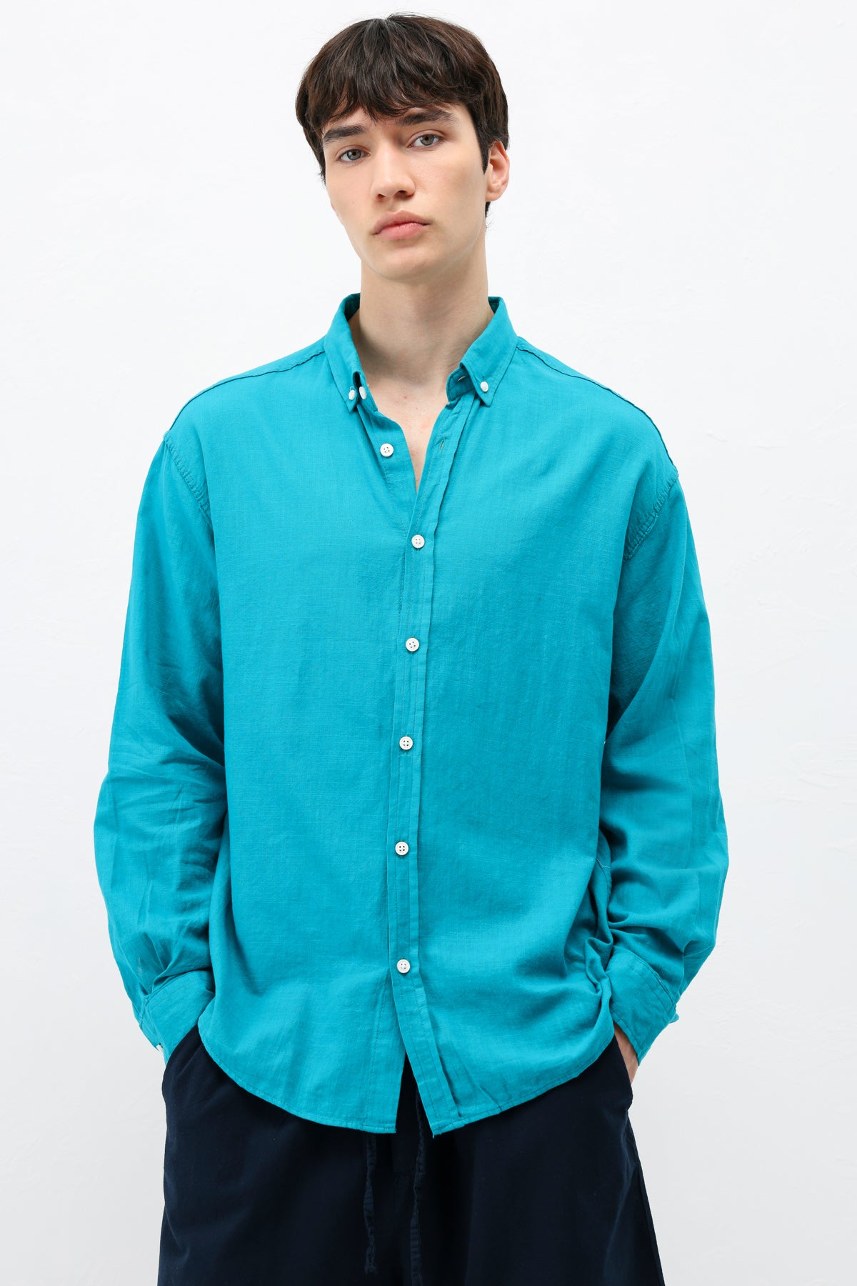 Basic Oversize Pamuk  Keten Gömlek Turkuaz