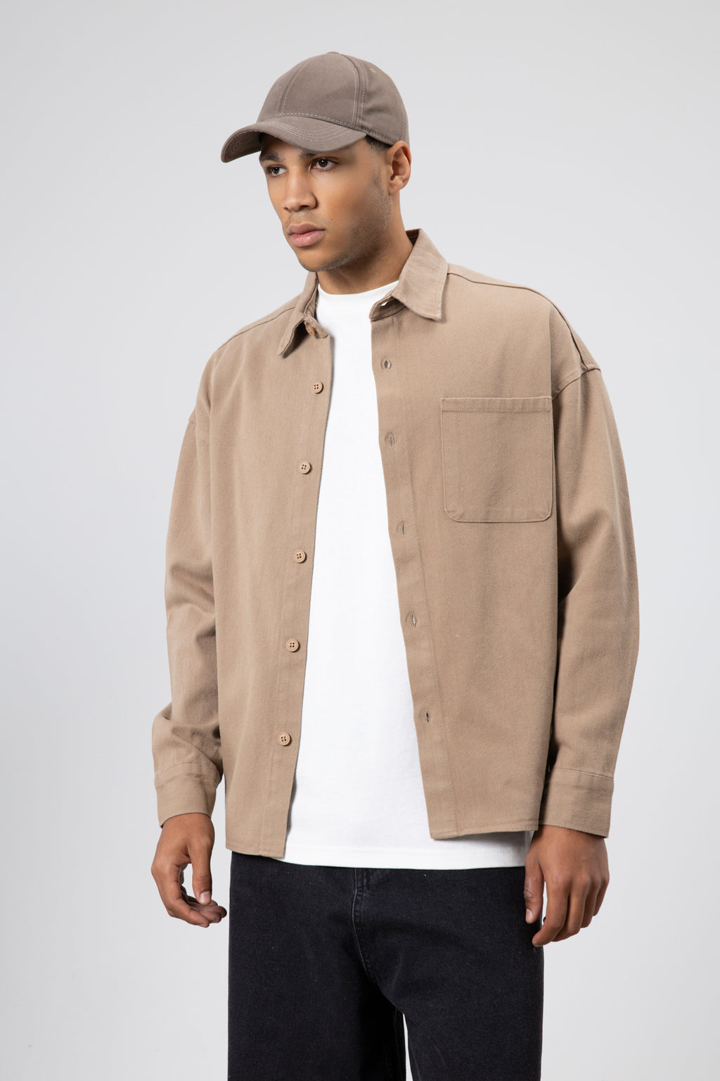 Oversize Gabardin Gömlek Ceket Vizon