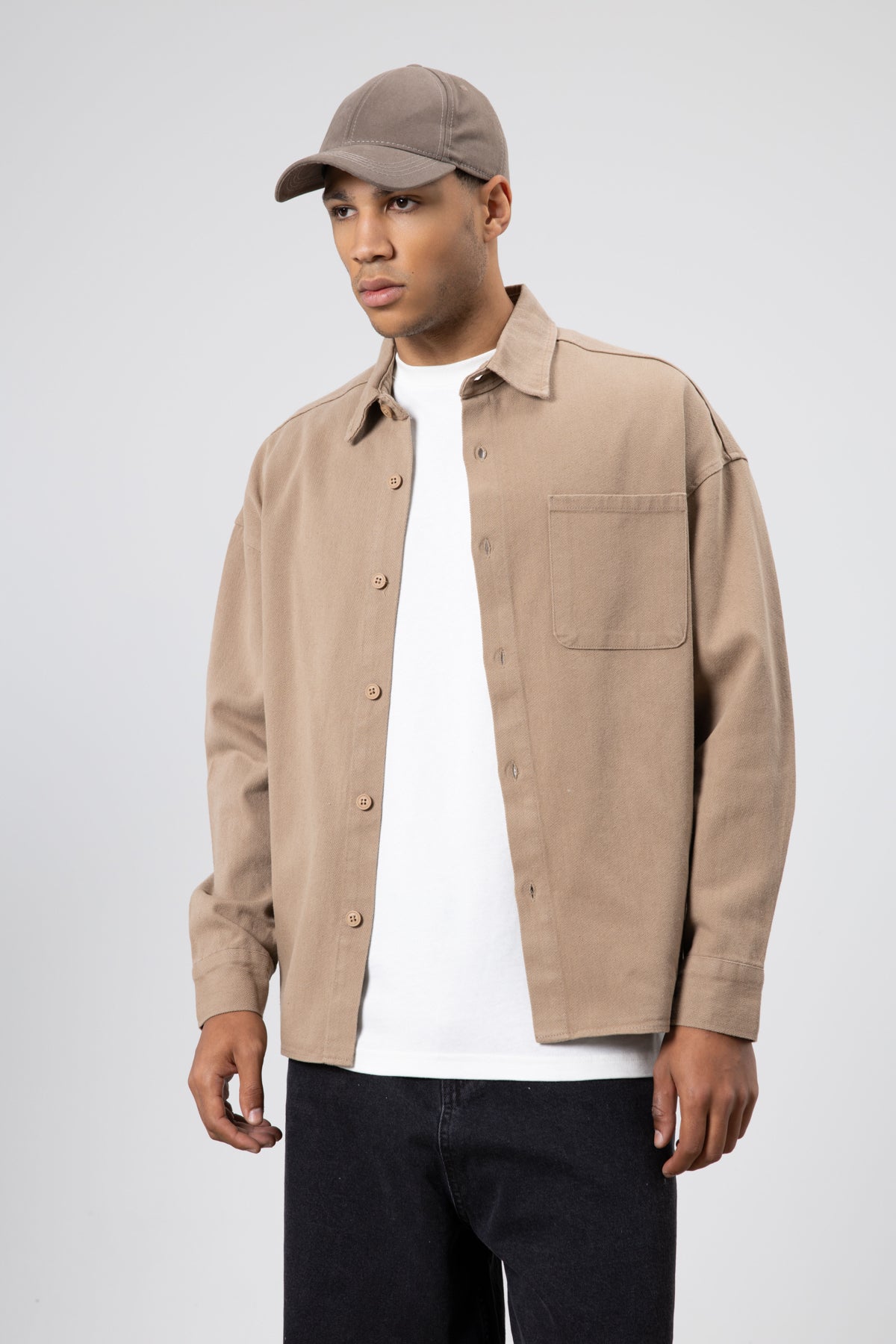 Oversize Gabardin Gömlek Ceket Vizon