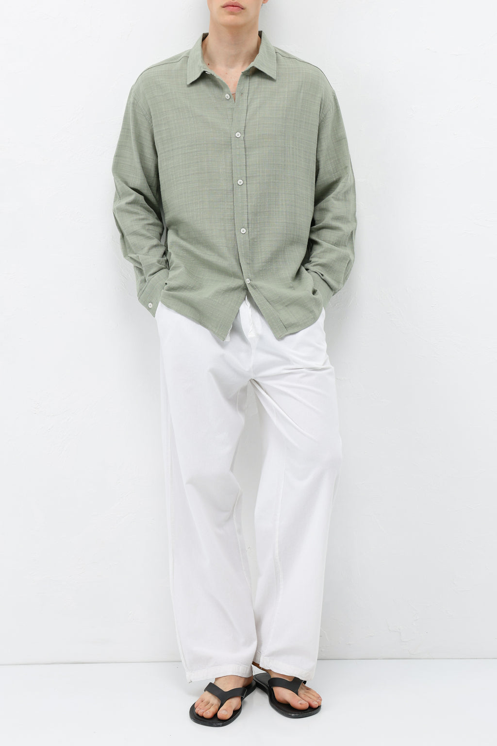 Dokulu Keten Görünümlü Oversize Gömlek Haki