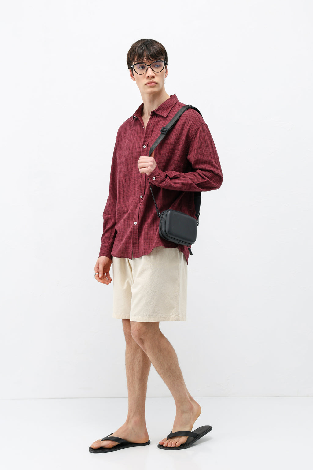 Dokulu Keten Görünümlü Oversize Gömlek Bordo