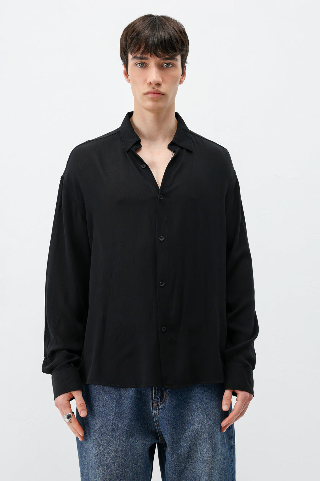 Hafif Dokulu Oversize Gömlek Siyah