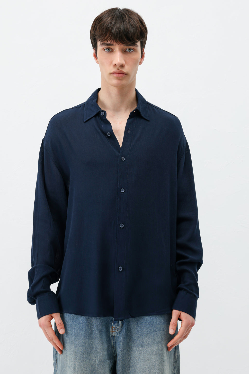 Hafif Dokulu Oversize Gömlek Lacivert