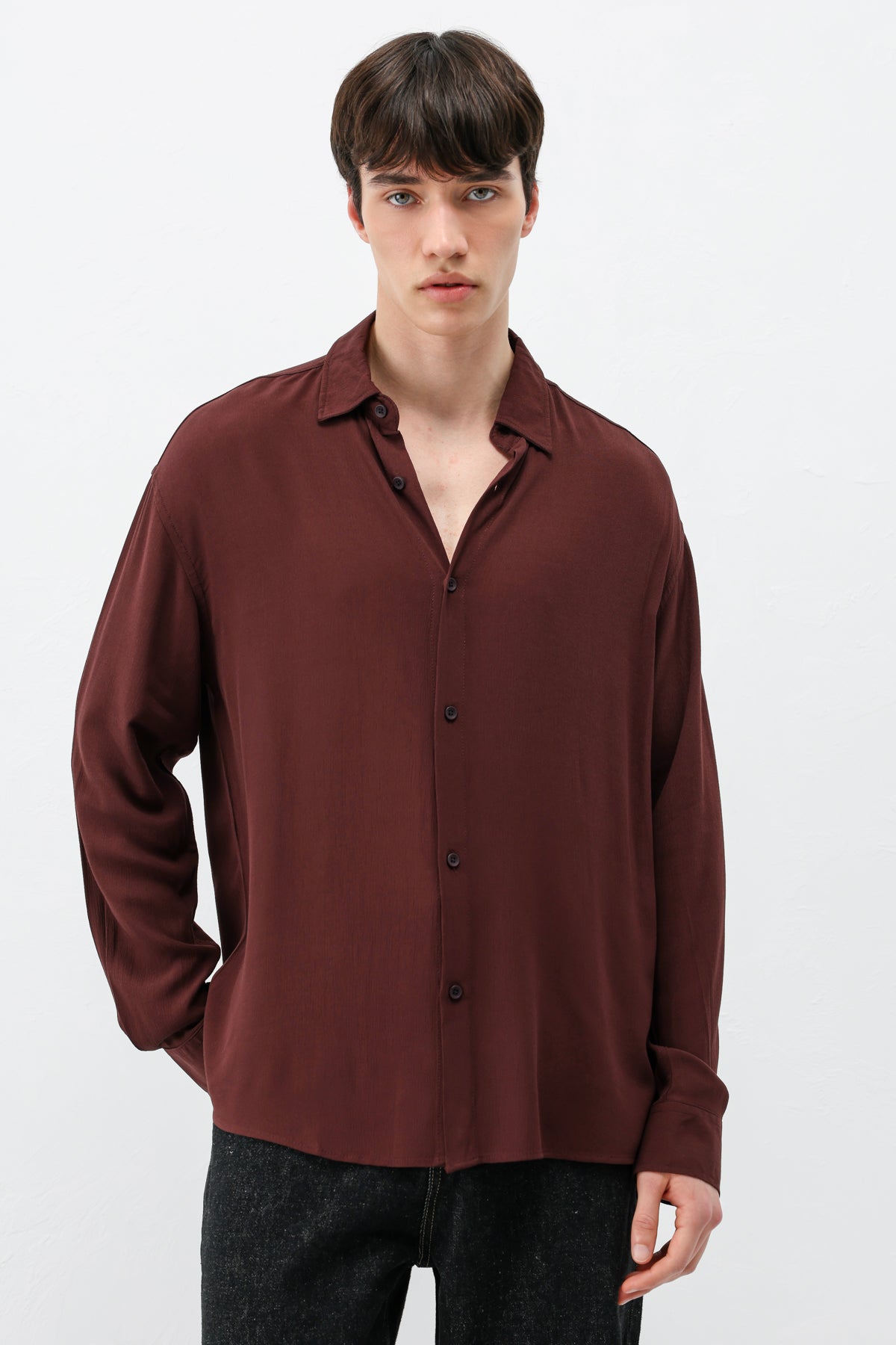 Hafif Dokulu Oversize Gömlek Bordo