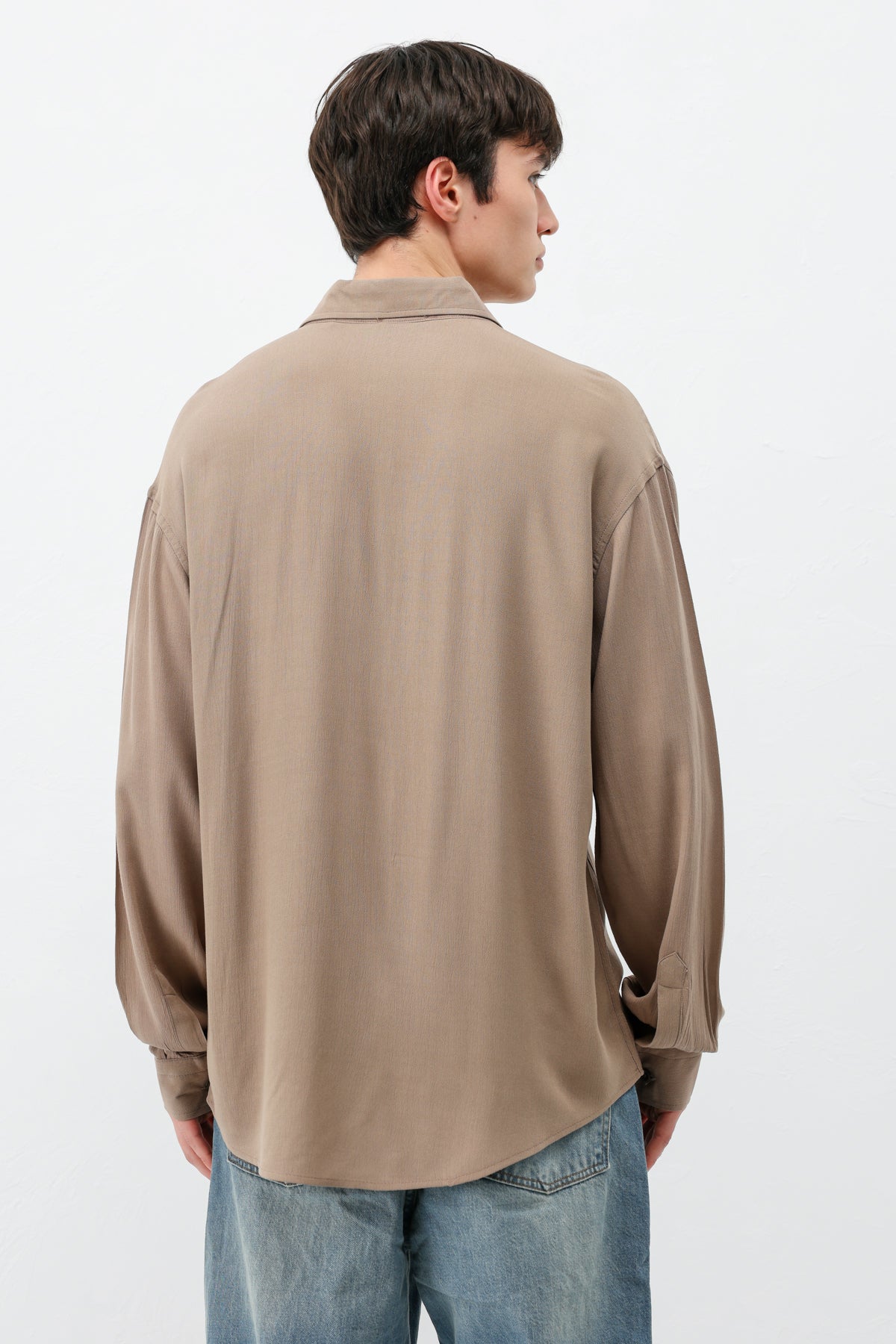 Hafif Dokulu Oversize Gömlek Vizon
