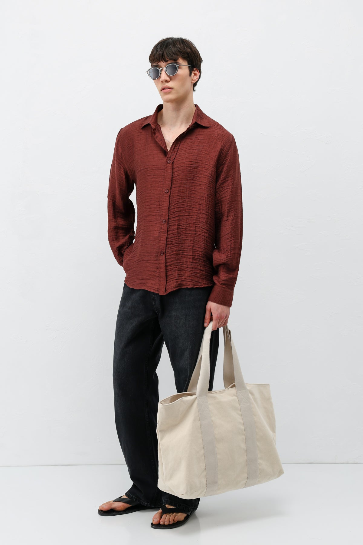 Dokulu Oversize Gömlek Bordo