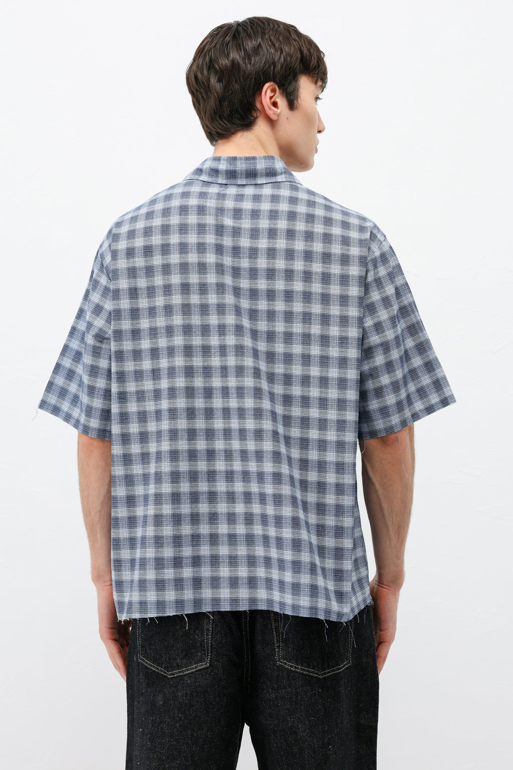 Kareli Kısa Kollu Oversize Gömlek Mavi